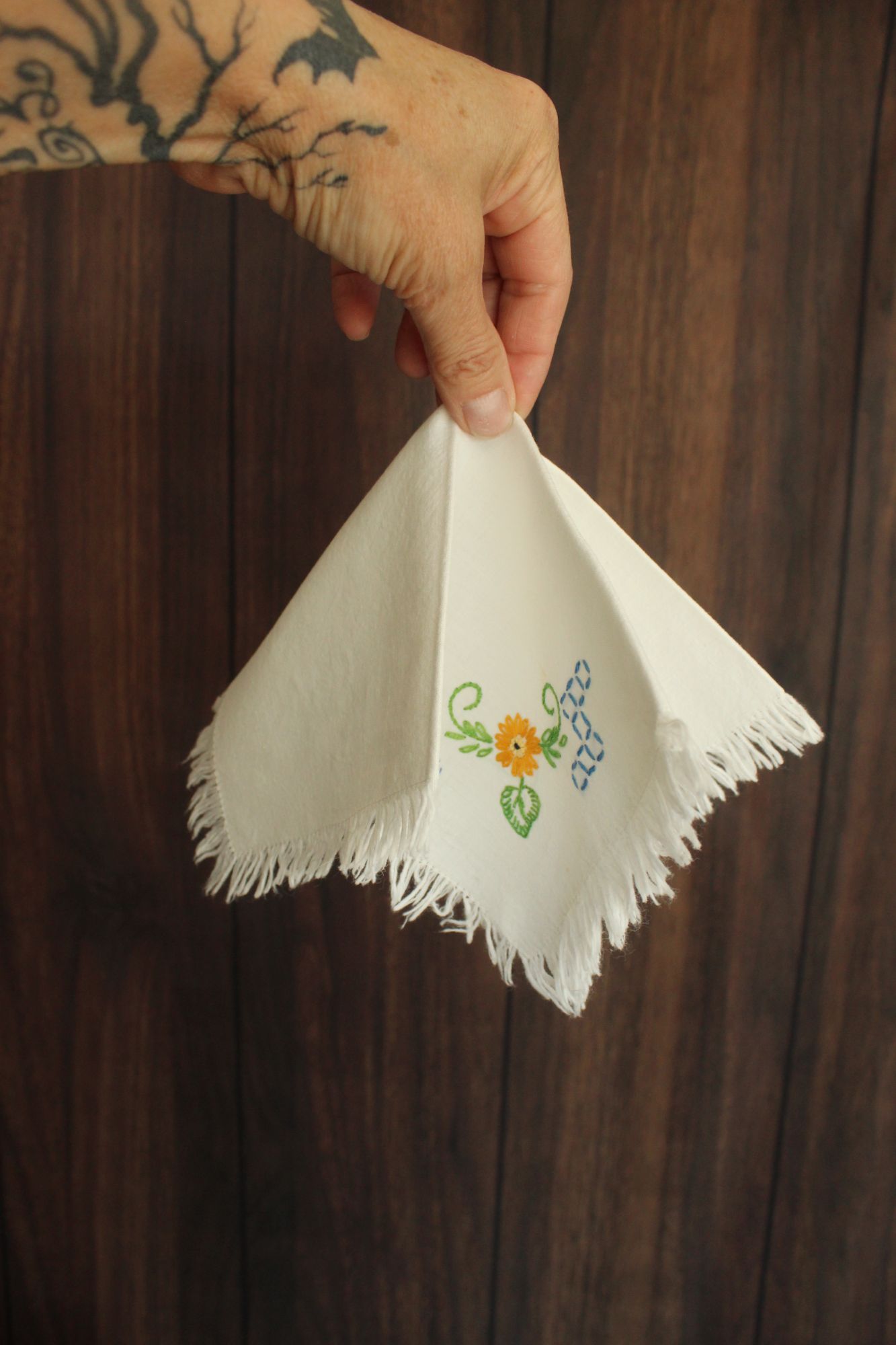 Vintage 1960s 1970s White Cotton With Embroidered Flowers and Fringe Hankie