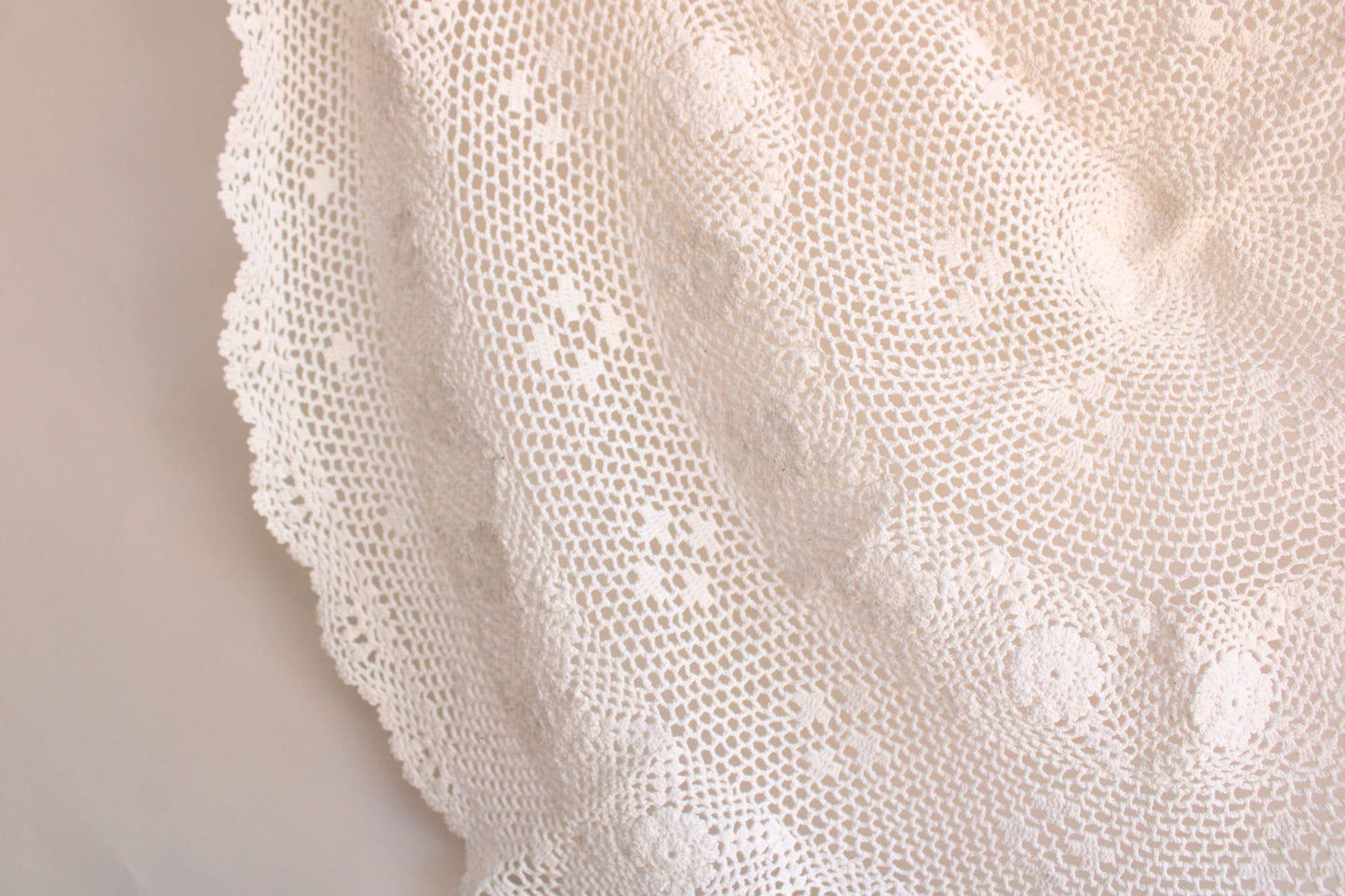 Vintage 1960s Round Cotton Ivory Crochet Tablecloth