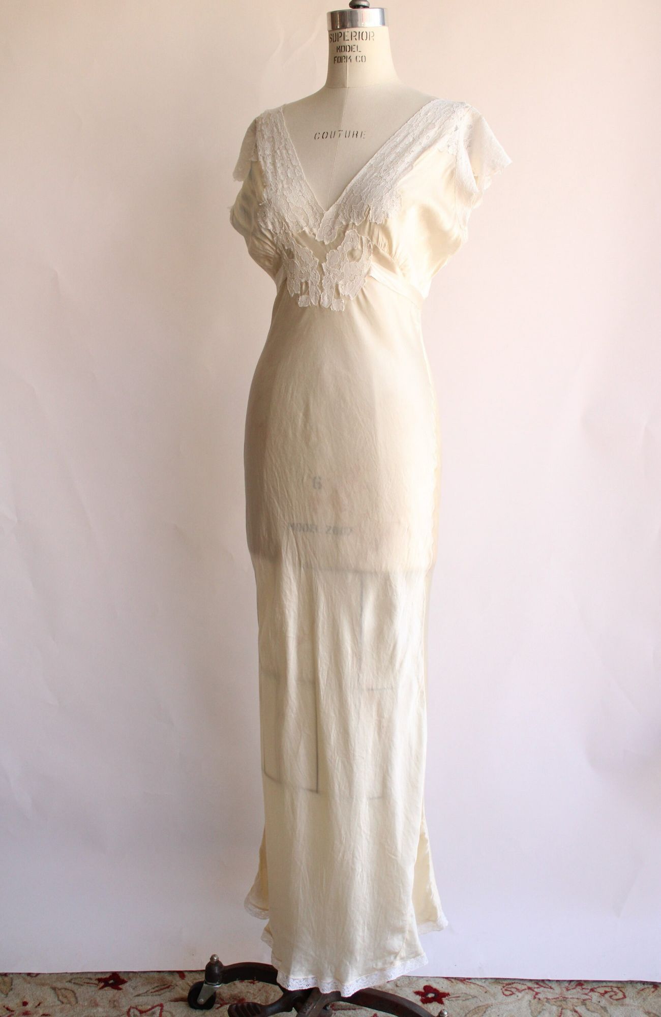 Vintage 1940s Ivory Silk Nightgown with Lace Trim