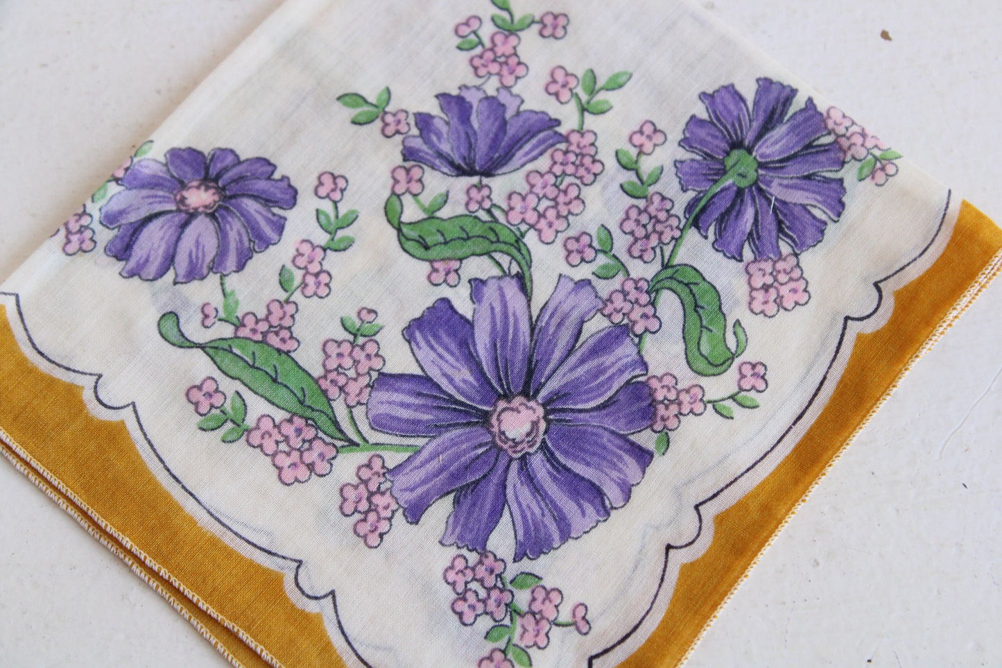 Vintage 1940s 1950s Cotton Handkerchief, Purple with Yellow Floral Print