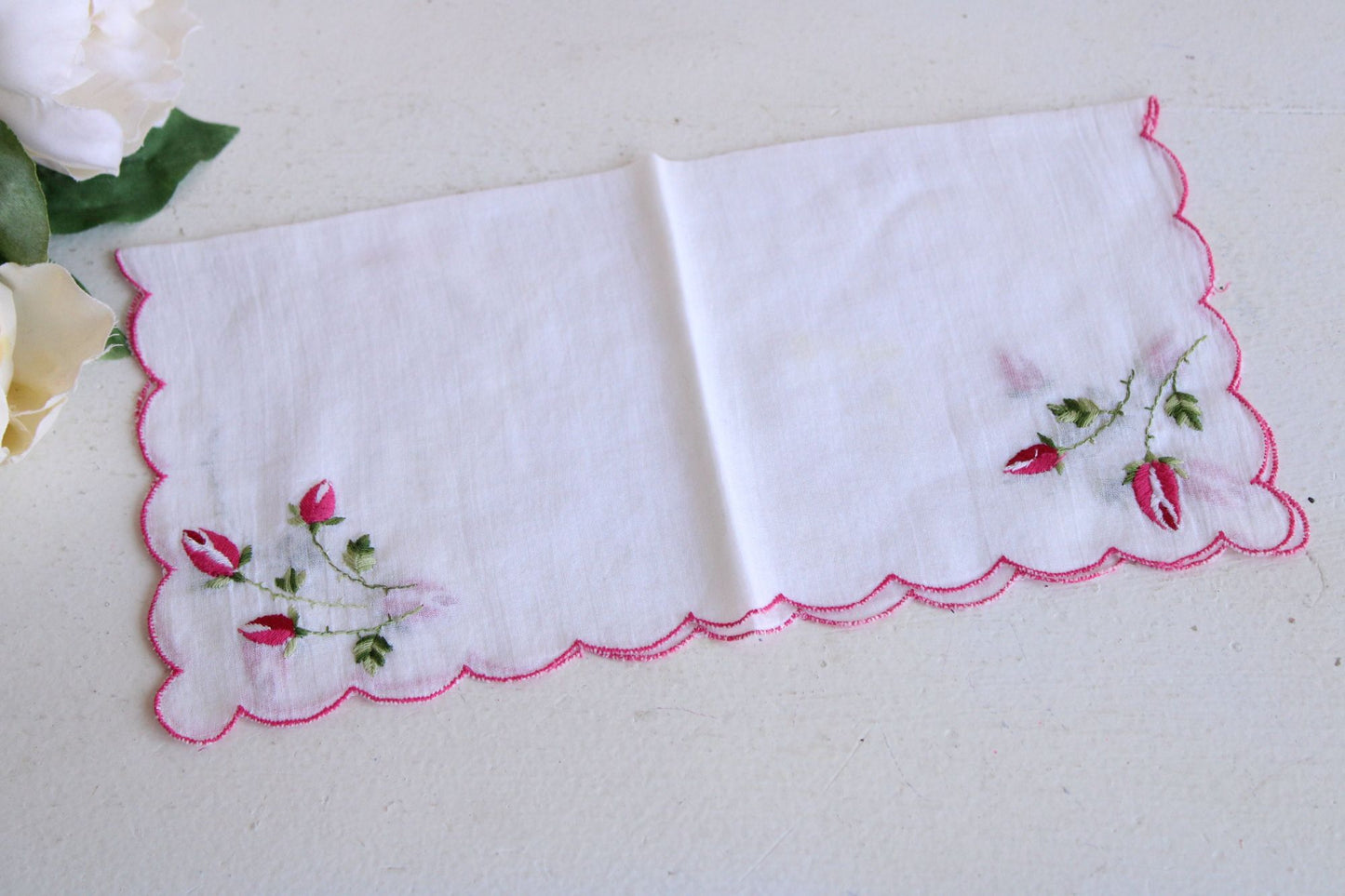 Vintage White Linen with Pink Rose Embroidered Hanky
