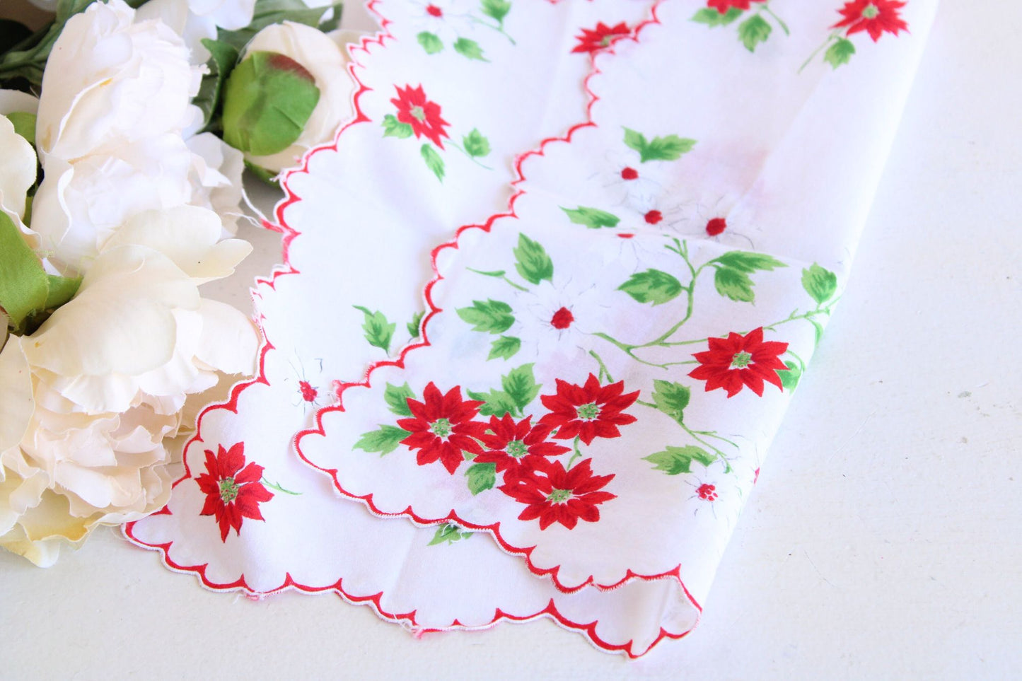 Vintage Christmas Handkerchief with Poinsettias and Red Trim