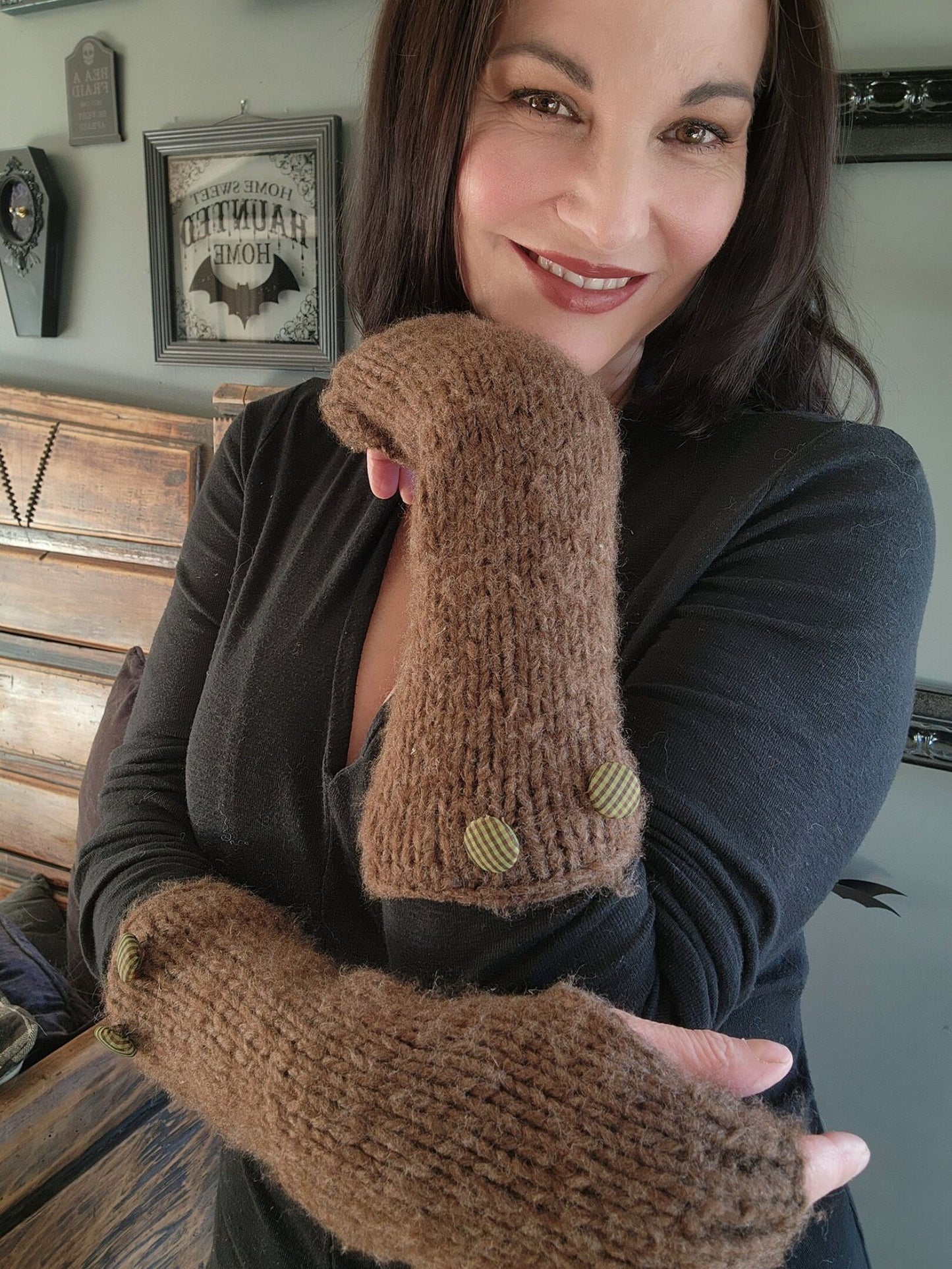 'Highlands" Hand Knit Fingerless Gloves or Armwarmers in Brown with Green Plaid Buttons
