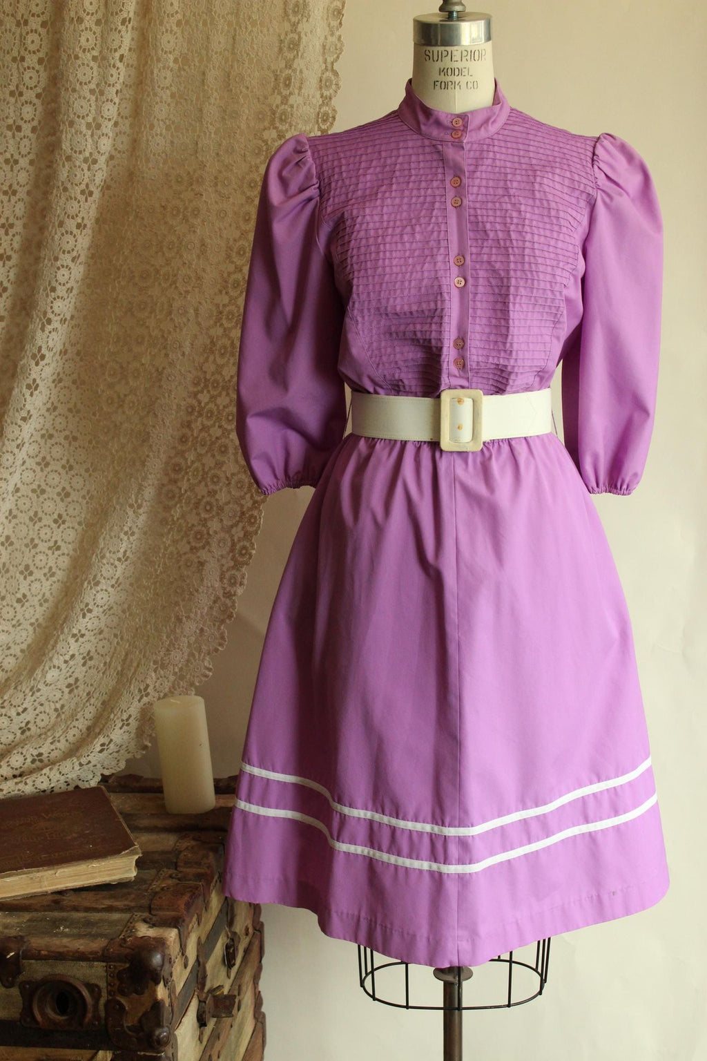 Vintage 1980s Purple Prairie Dress with Belt and Pockets