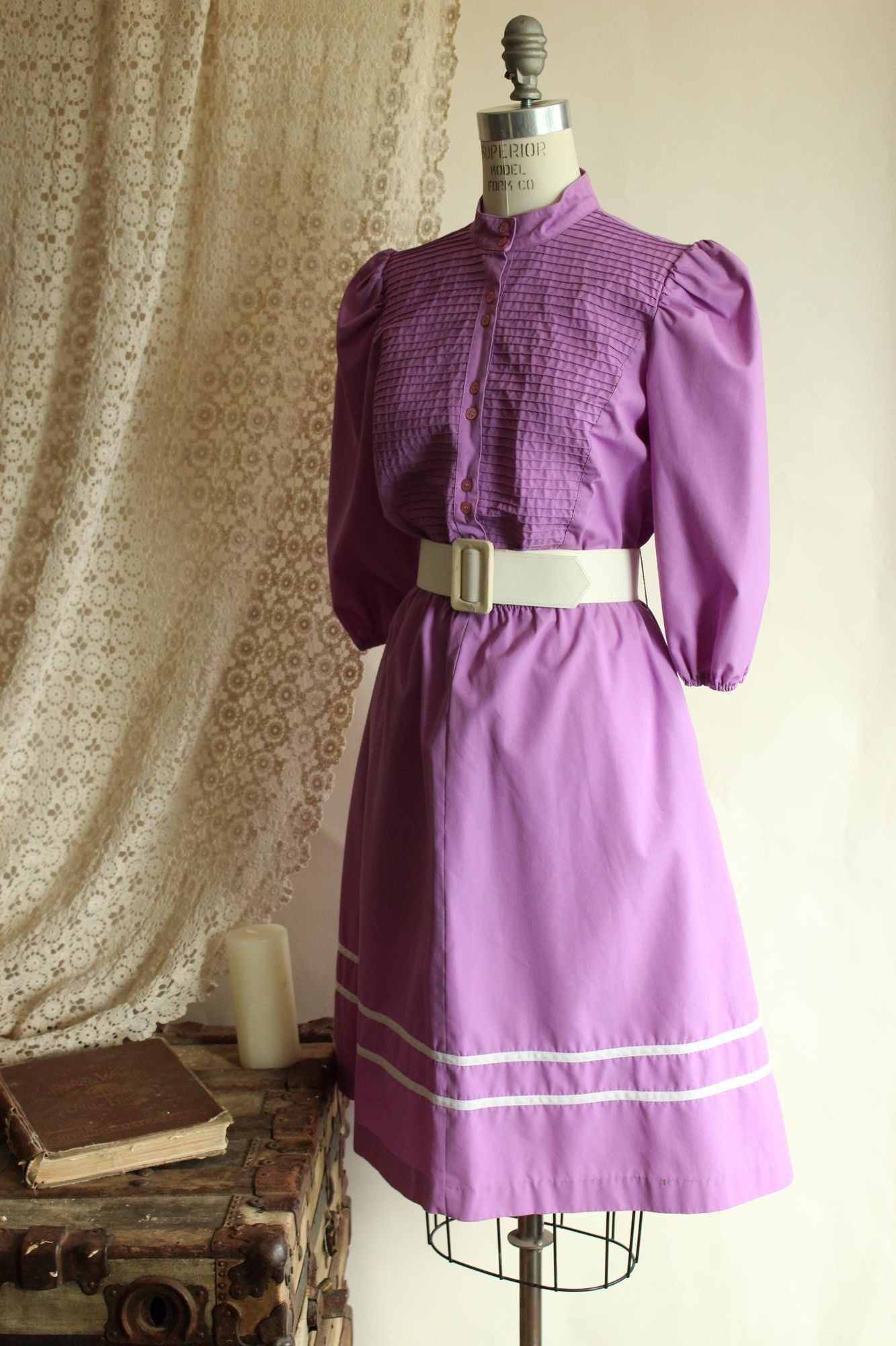 Vintage 1980s Purple Prairie Dress with Belt and Pockets
