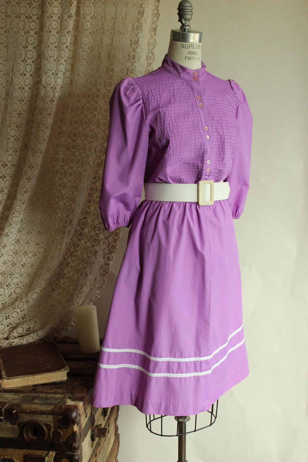 Vintage 1980s Purple Prairie Dress with Belt and Pockets