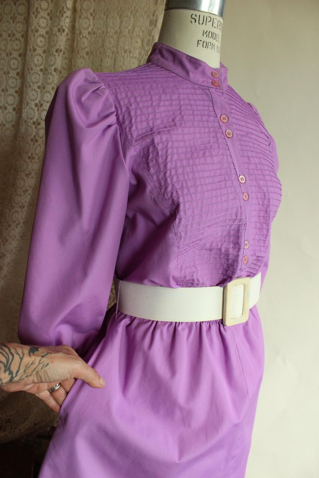 Vintage 1980s Purple Prairie Dress with Belt and Pockets