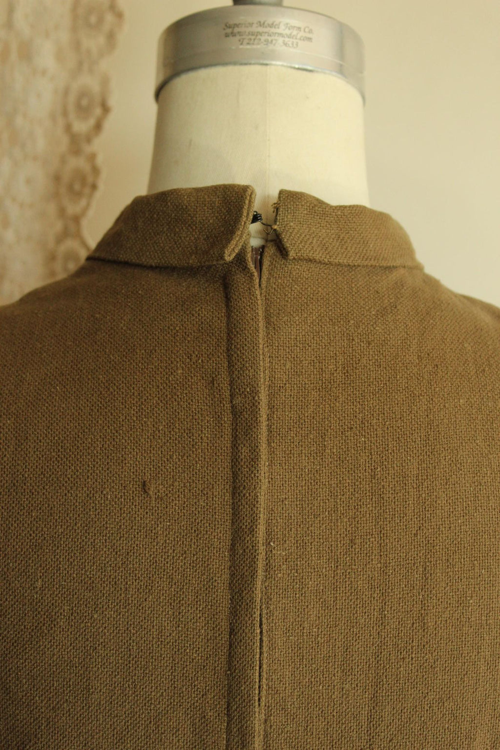 Vintage 1950s Khaki Green Barkcloth Wiggle Dress with Pointed Collar