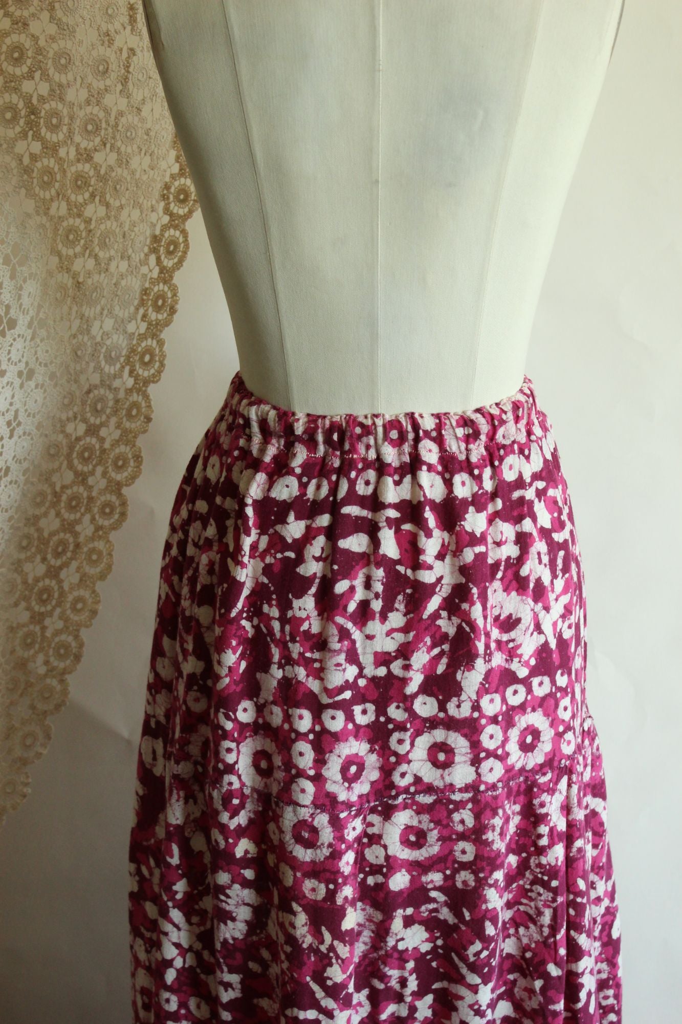 Vintage 1960s 1970s Maxi Skirt, Volup Pink & Purple Ethnic Floral Print with Lace Ruffle Trim Full Length, Boho Cottage Core Prairie Style