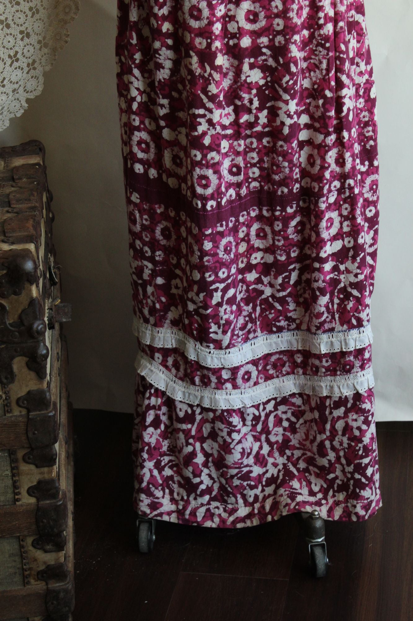 Vintage 1960s 1970s Maxi Skirt, Volup Pink & Purple Ethnic Floral Print with Lace Ruffle Trim Full Length, Boho Cottage Core Prairie Style