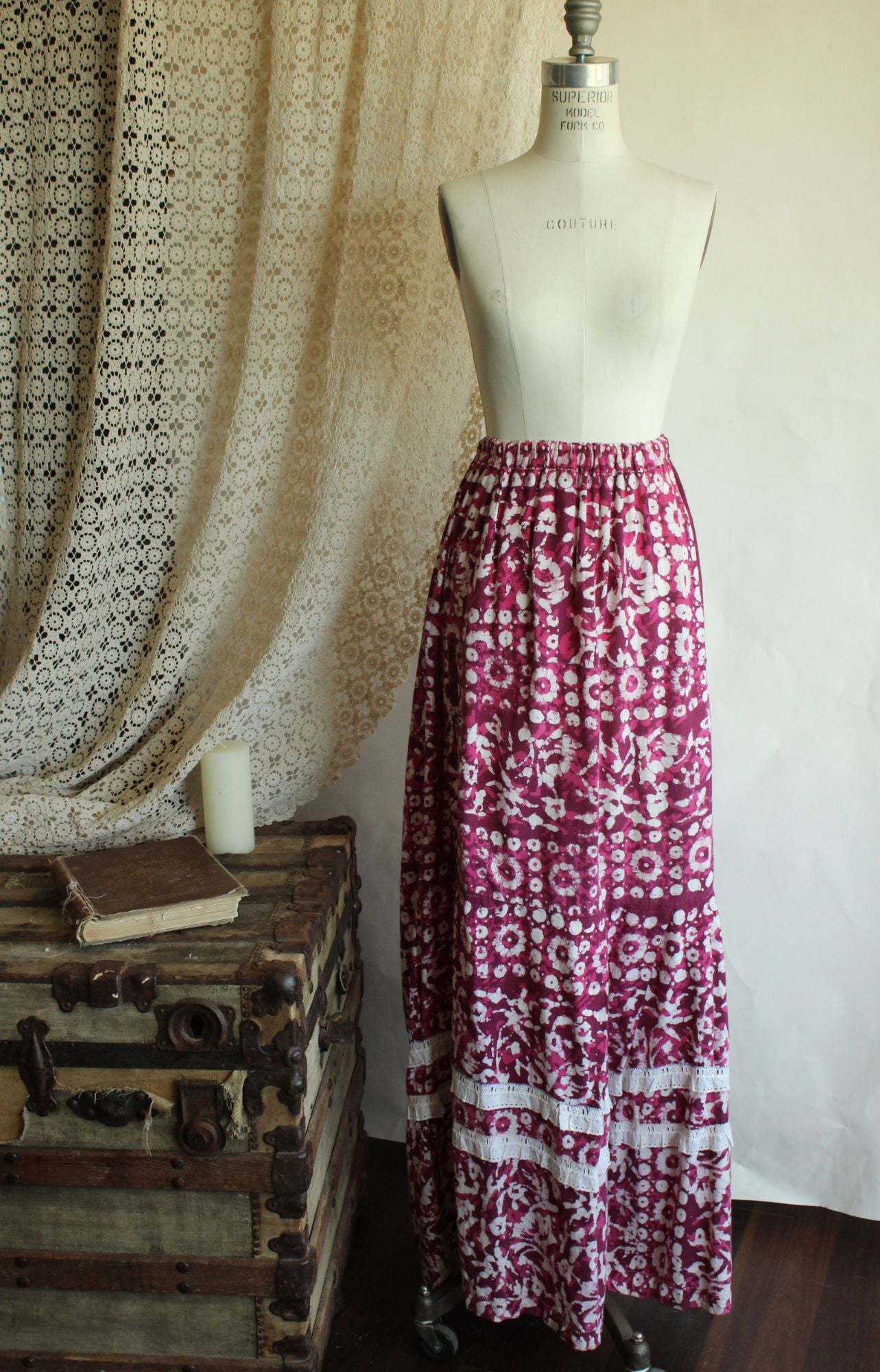 Vintage 1960s 1970s Maxi Skirt, Volup Pink & Purple Ethnic Floral Print with Lace Ruffle Trim Full Length, Boho Cottage Core Prairie Style