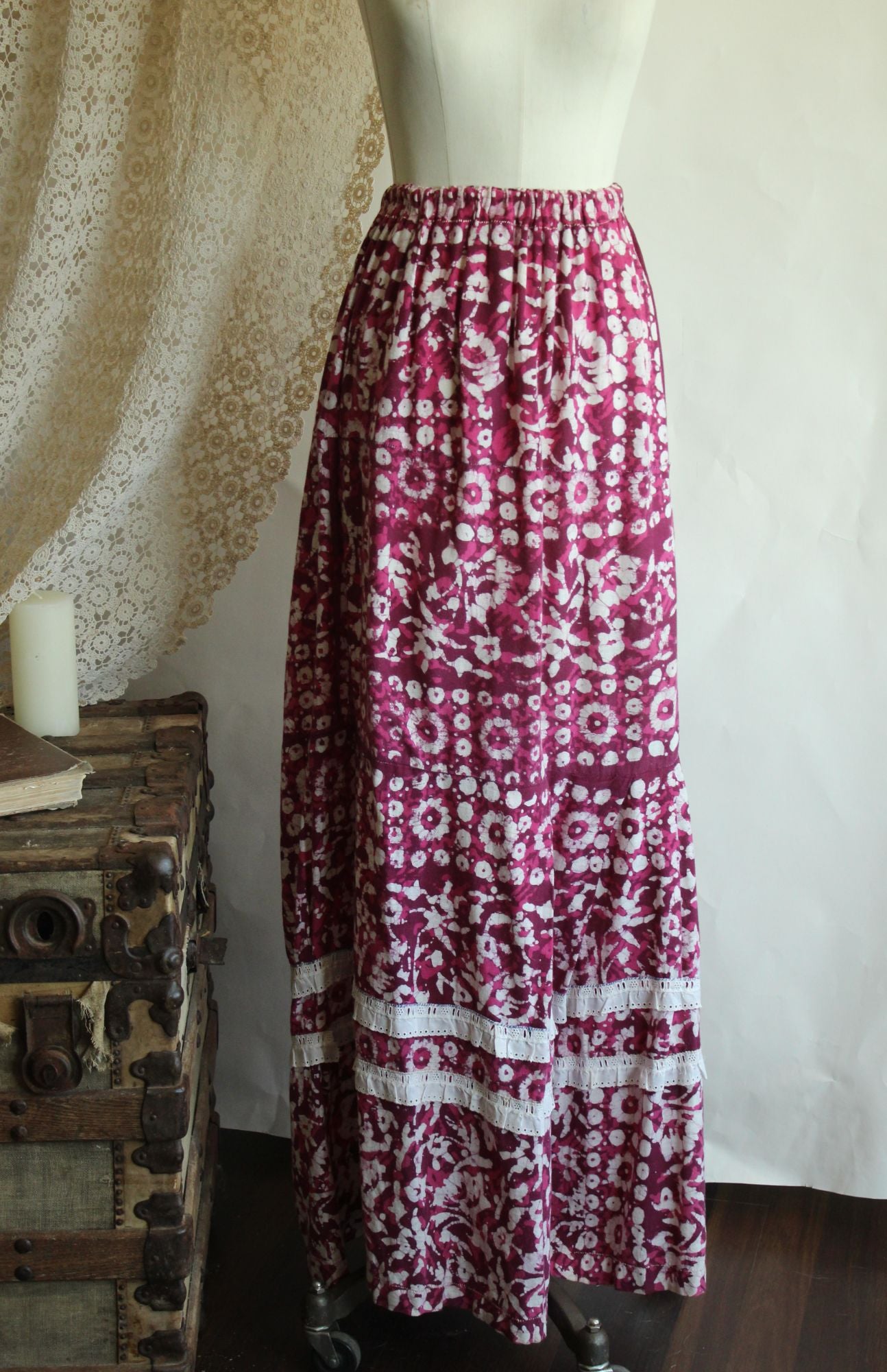 Vintage 1960s 1970s Maxi Skirt, Volup Pink & Purple Ethnic Floral Print with Lace Ruffle Trim Full Length, Boho Cottage Core Prairie Style