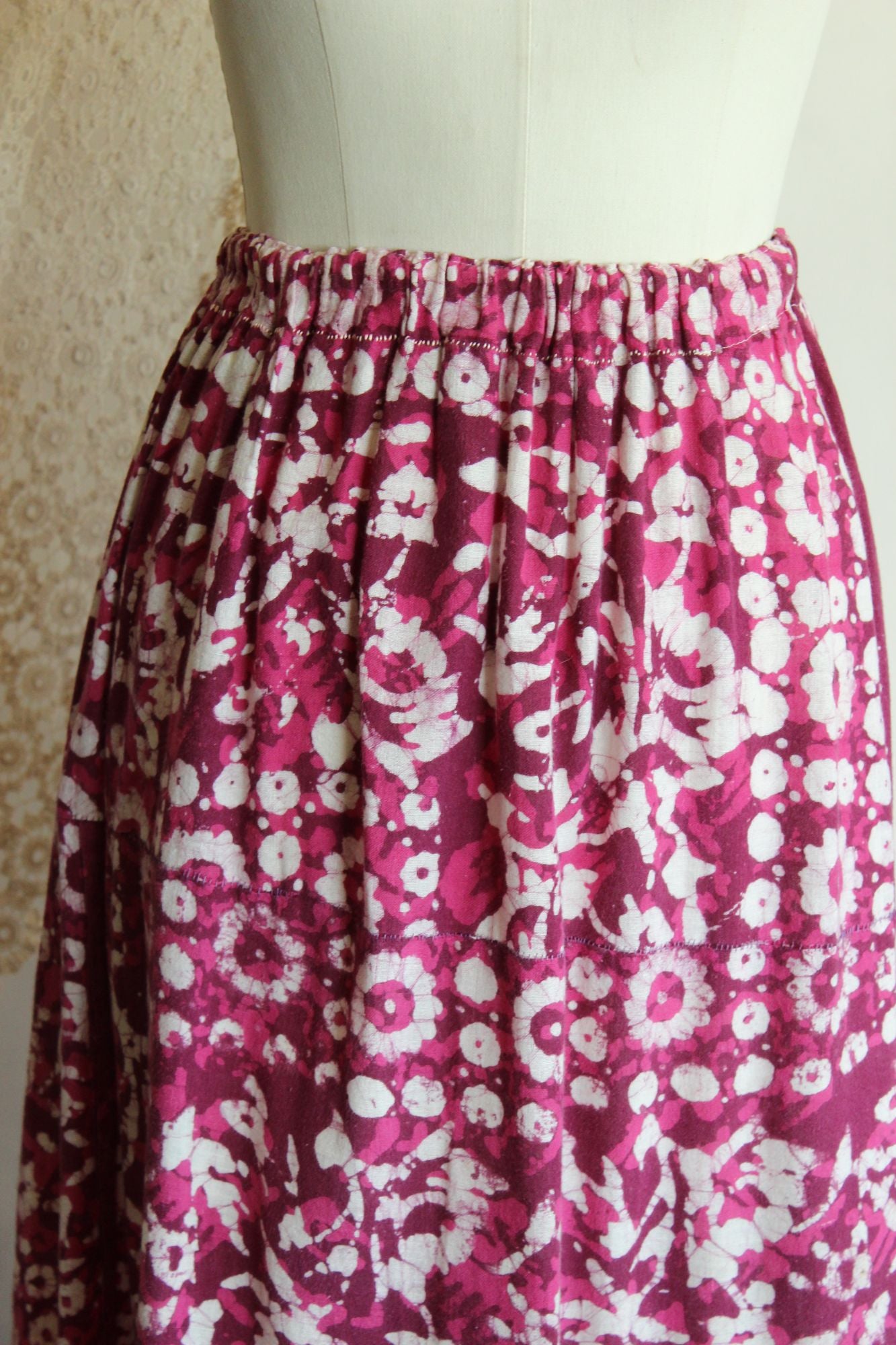 Vintage 1960s 1970s Maxi Skirt, Volup Pink & Purple Ethnic Floral Print with Lace Ruffle Trim Full Length, Boho Cottage Core Prairie Style