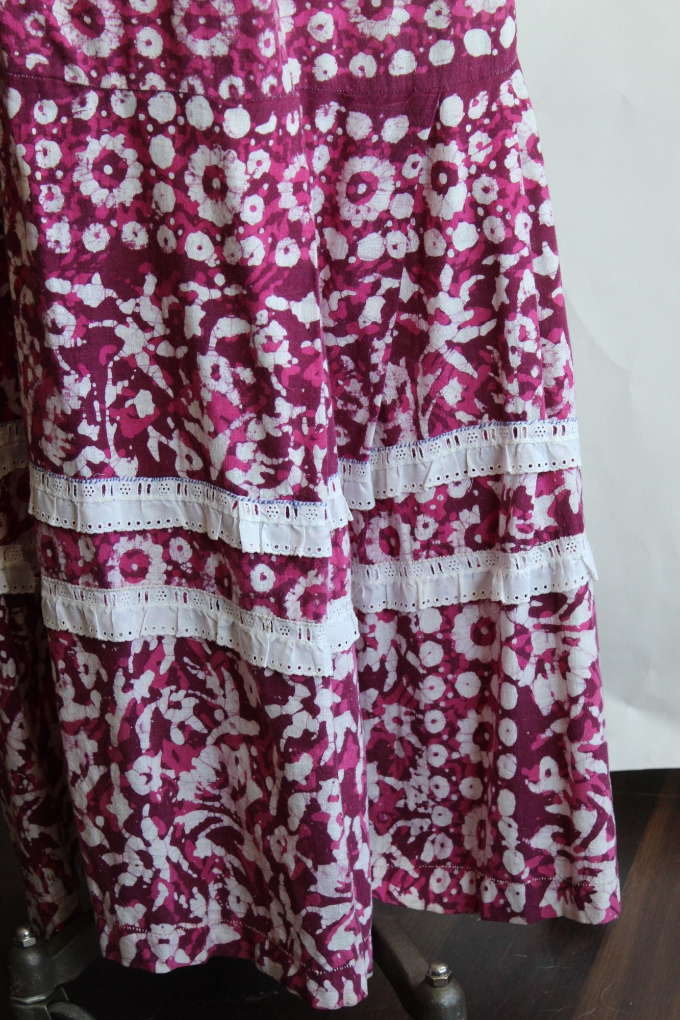 Vintage 1960s 1970s Maxi Skirt, Volup Pink & Purple Ethnic Floral Print with Lace Ruffle Trim Full Length, Boho Cottage Core Prairie Style