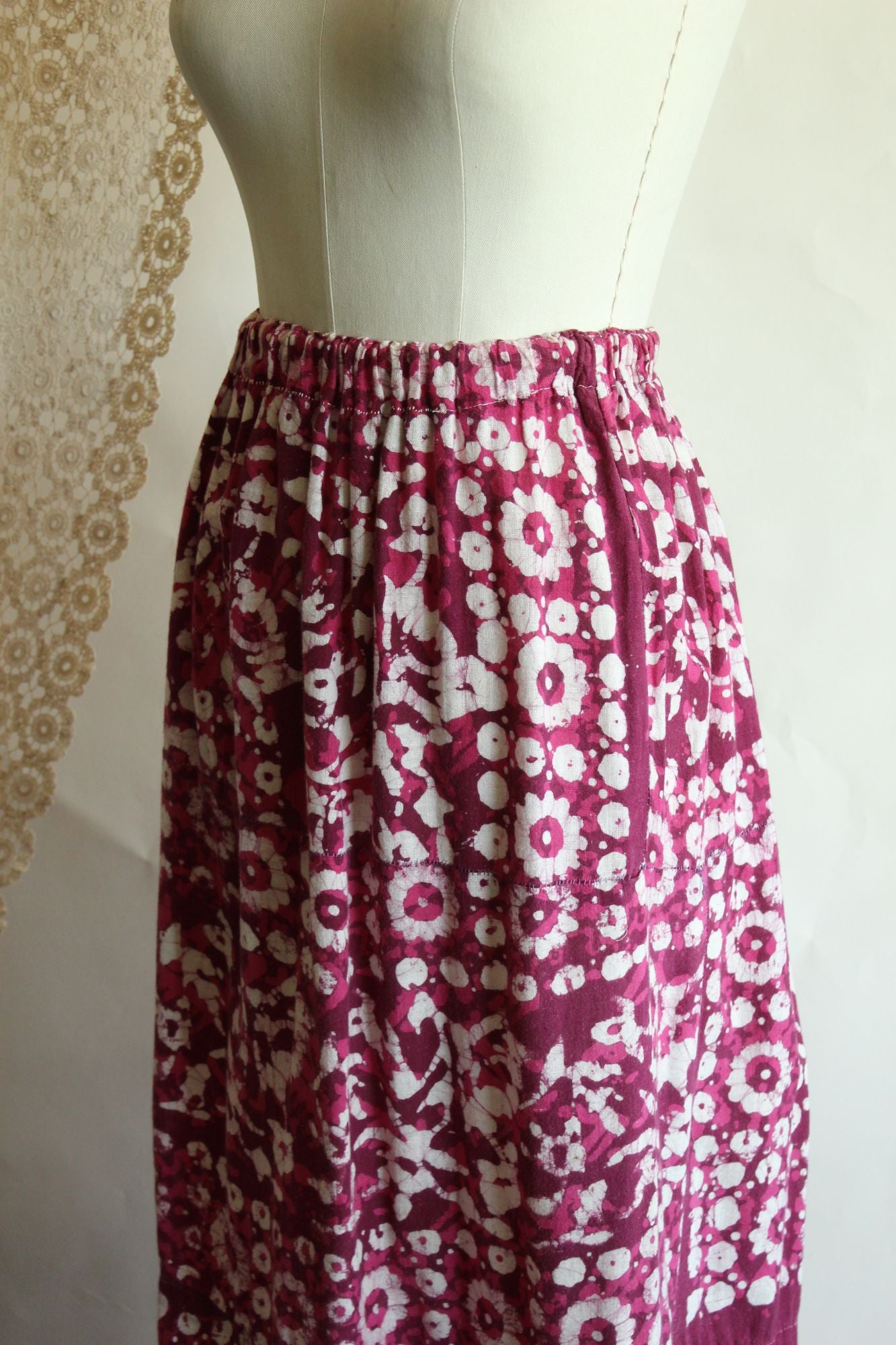 Vintage 1960s 1970s Maxi Skirt, Volup Pink & Purple Ethnic Floral Print with Lace Ruffle Trim Full Length, Boho Cottage Core Prairie Style