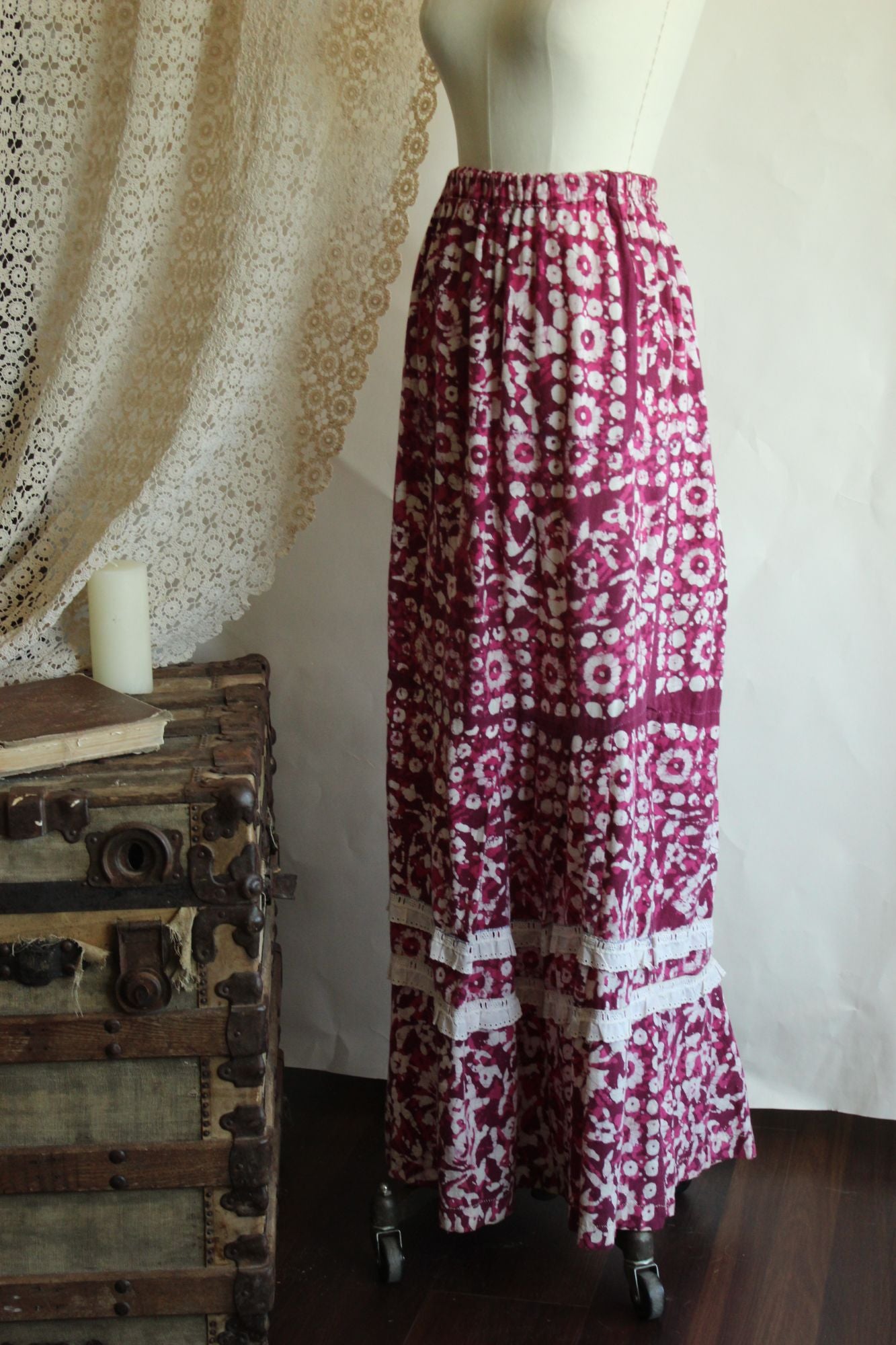 Vintage 1960s 1970s Maxi Skirt, Volup Pink & Purple Ethnic Floral Print with Lace Ruffle Trim Full Length, Boho Cottage Core Prairie Style