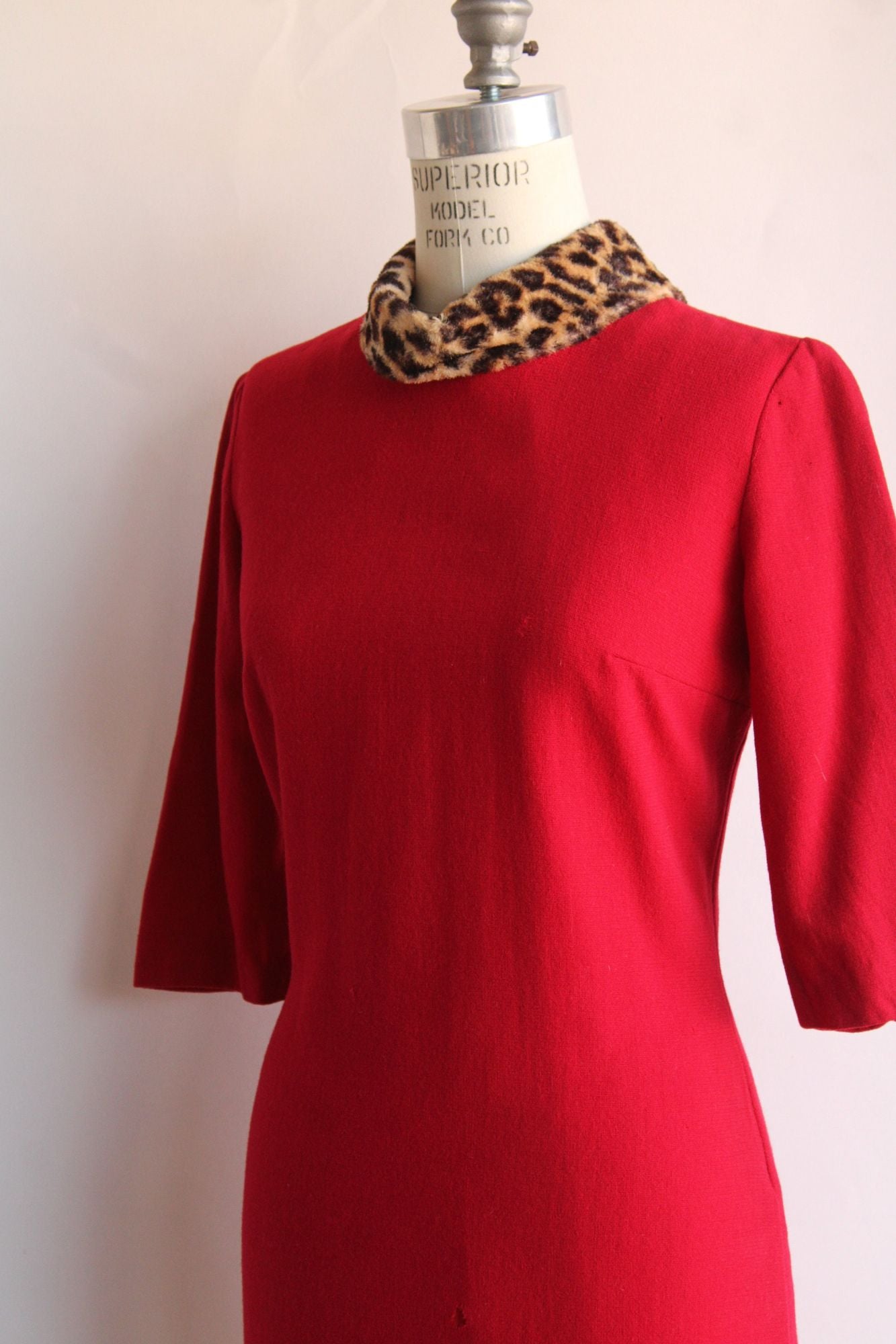 Vintage 1960s Dress in Red Wool with Leopard Print Collar