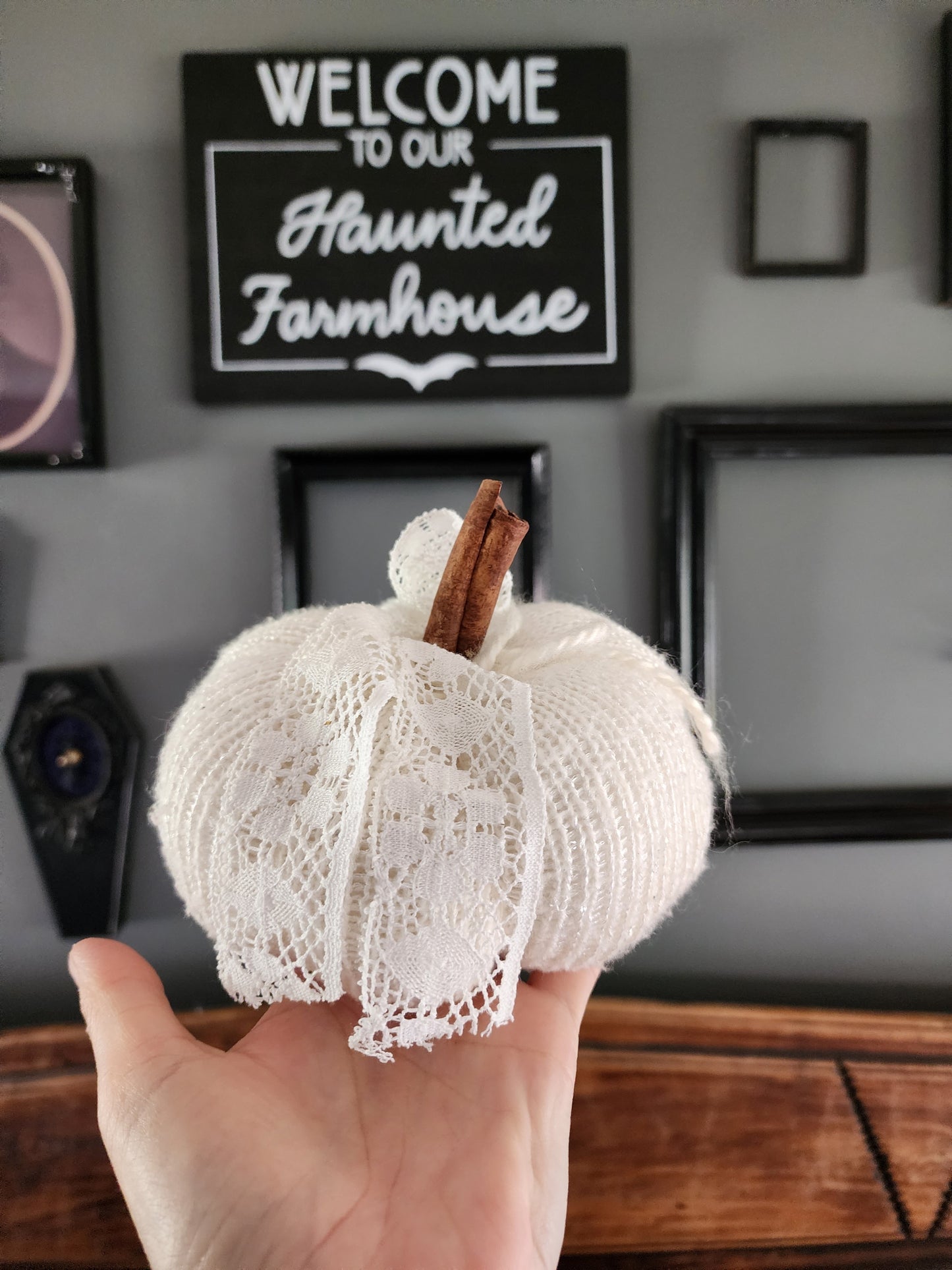 Creamy White Knit Pumpkin PIllow Pouf with Vintage Lace And Cinnamon Stick Stem