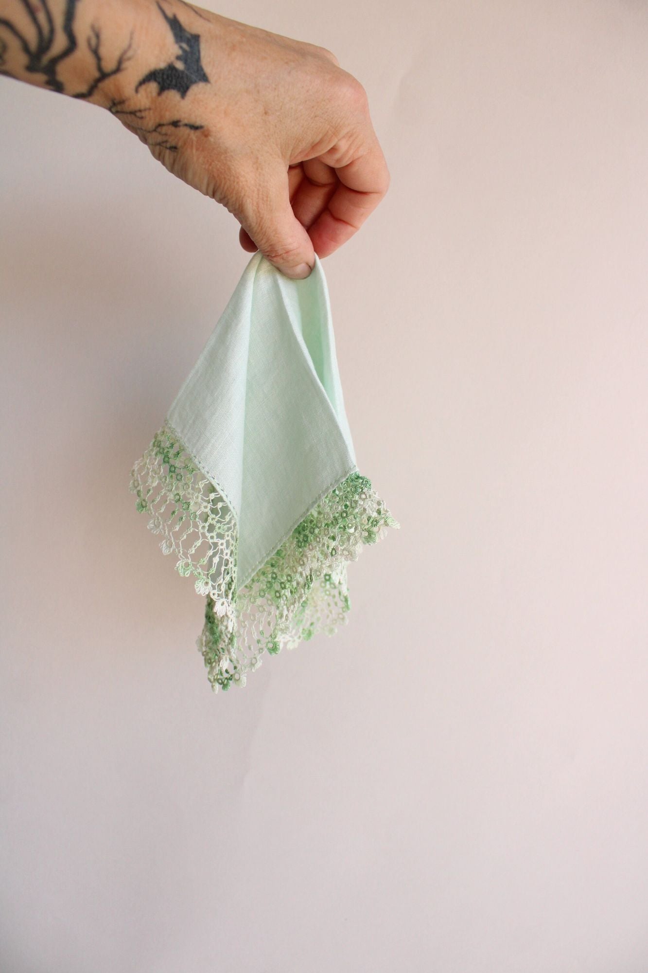 Vintage 1960s Handkerchief, Green Linen With  Crochet Trim Hankie