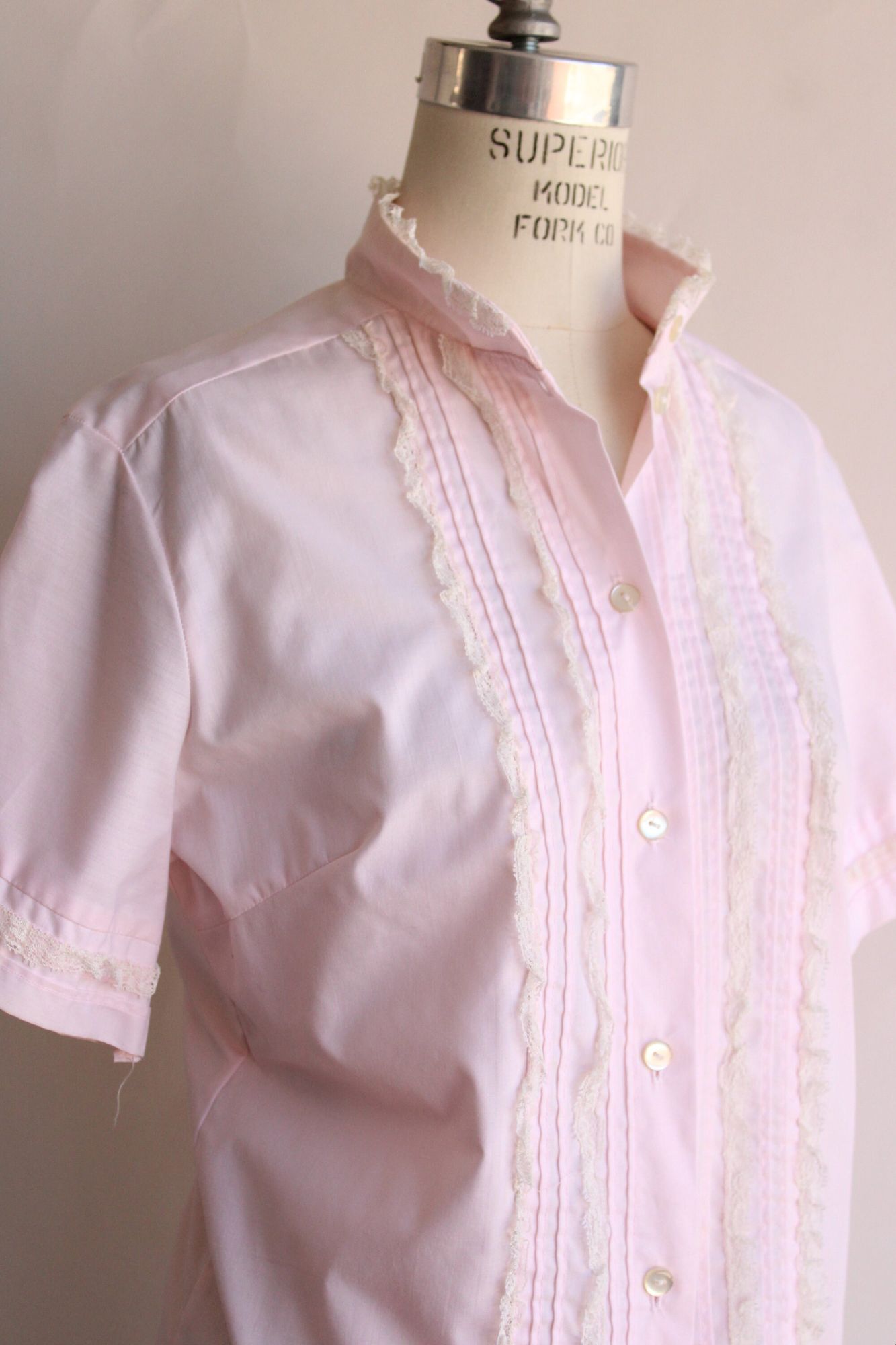 Vintage 1960s Pink Cotton Tuxedo Front Blouse