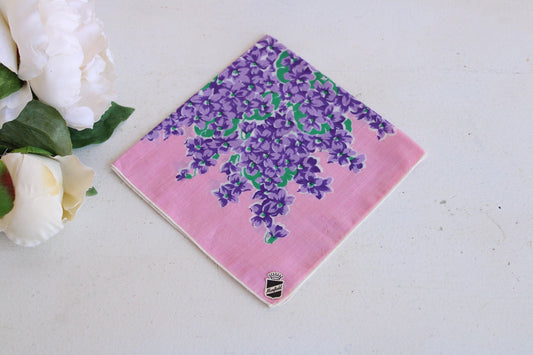 Vintage 1950s Lilac Print Handkerchief, New with Tag, Manfield