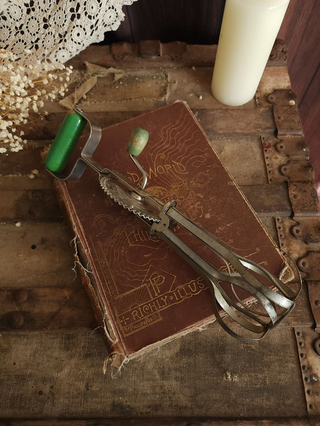 Vintage 1920s A&J Manual High Speed Egg Beater with Green Wood Handle