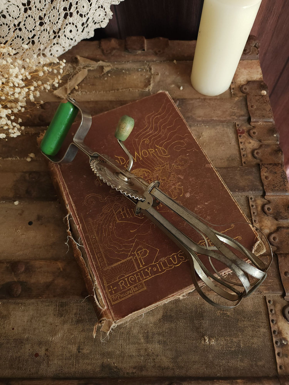 Vintage 1920s A&J Manual High Speed Egg Beater with Green Wood Handle