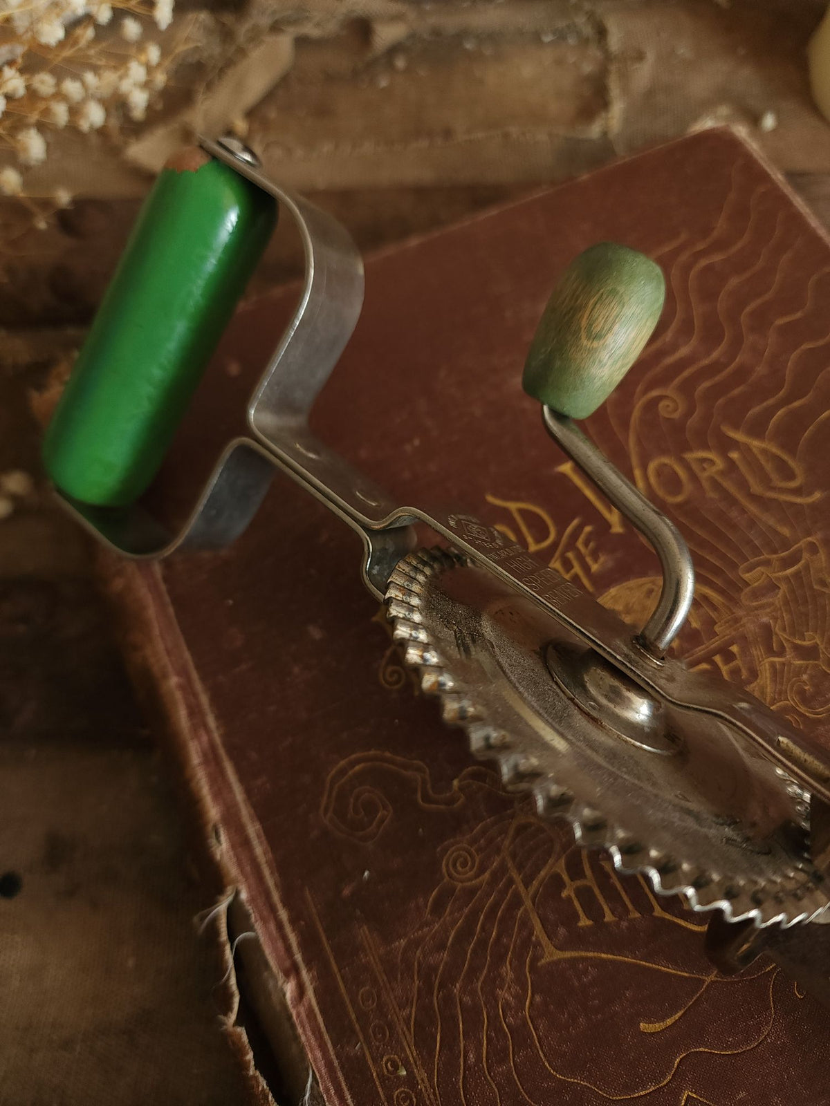 Vintage 1920s A&J Manual High Speed Egg Beater with Green Wood Handle