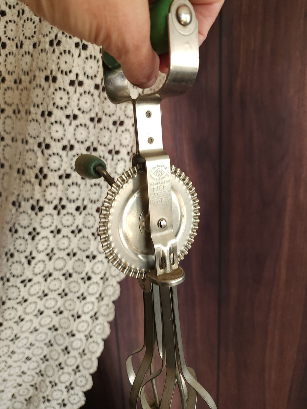 Vintage 1920s A&J Manual High Speed Egg Beater with Green Wood Handle