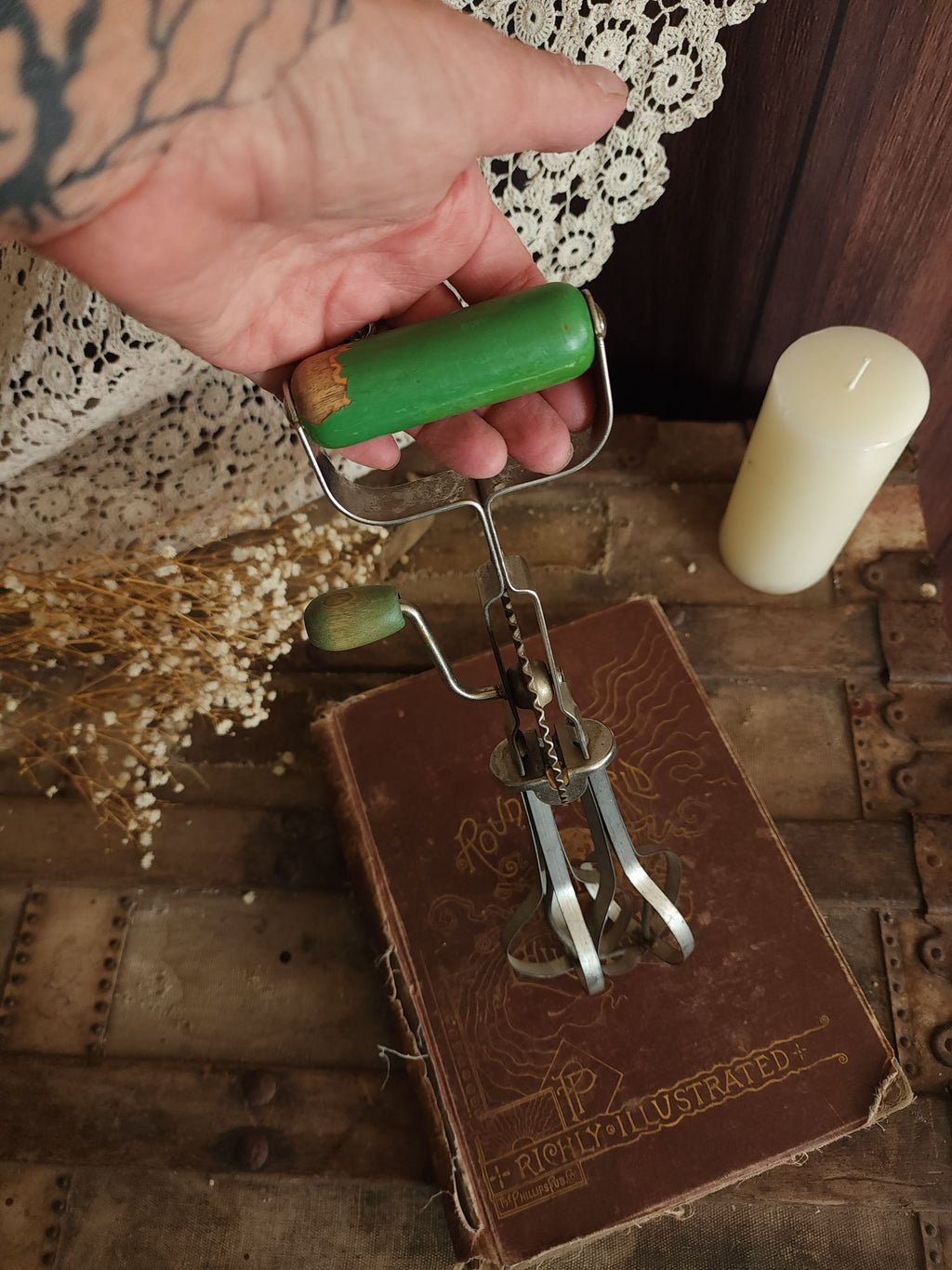 Vintage 1920s A&J Manual High Speed Egg Beater with Green Wood Handle