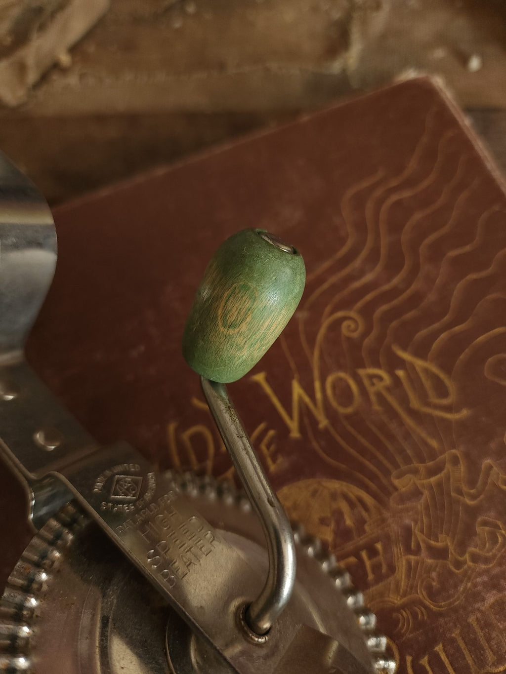 Vintage 1920s A&J Manual High Speed Egg Beater with Green Wood Handle