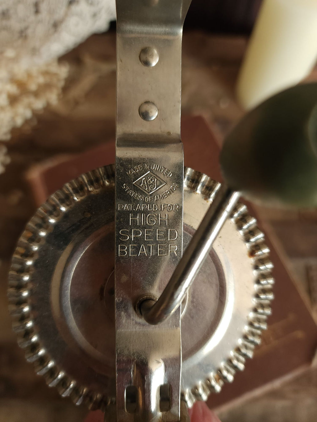 Vintage 1920s A&J Manual High Speed Egg Beater with Green Wood Handle