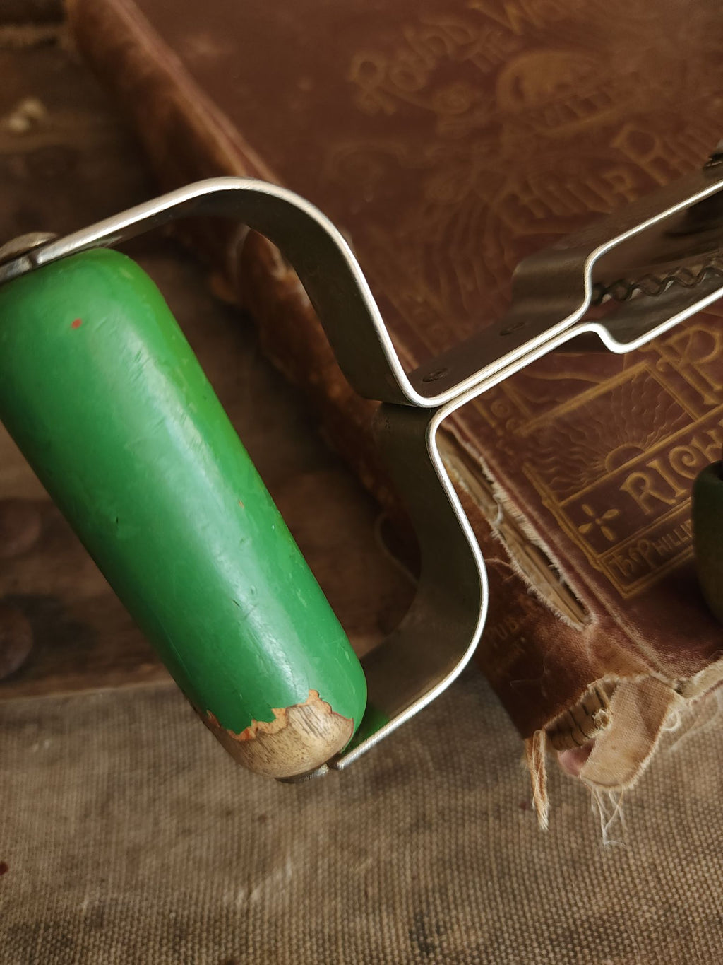 Vintage 1920s A&J Manual High Speed Egg Beater with Green Wood Handle