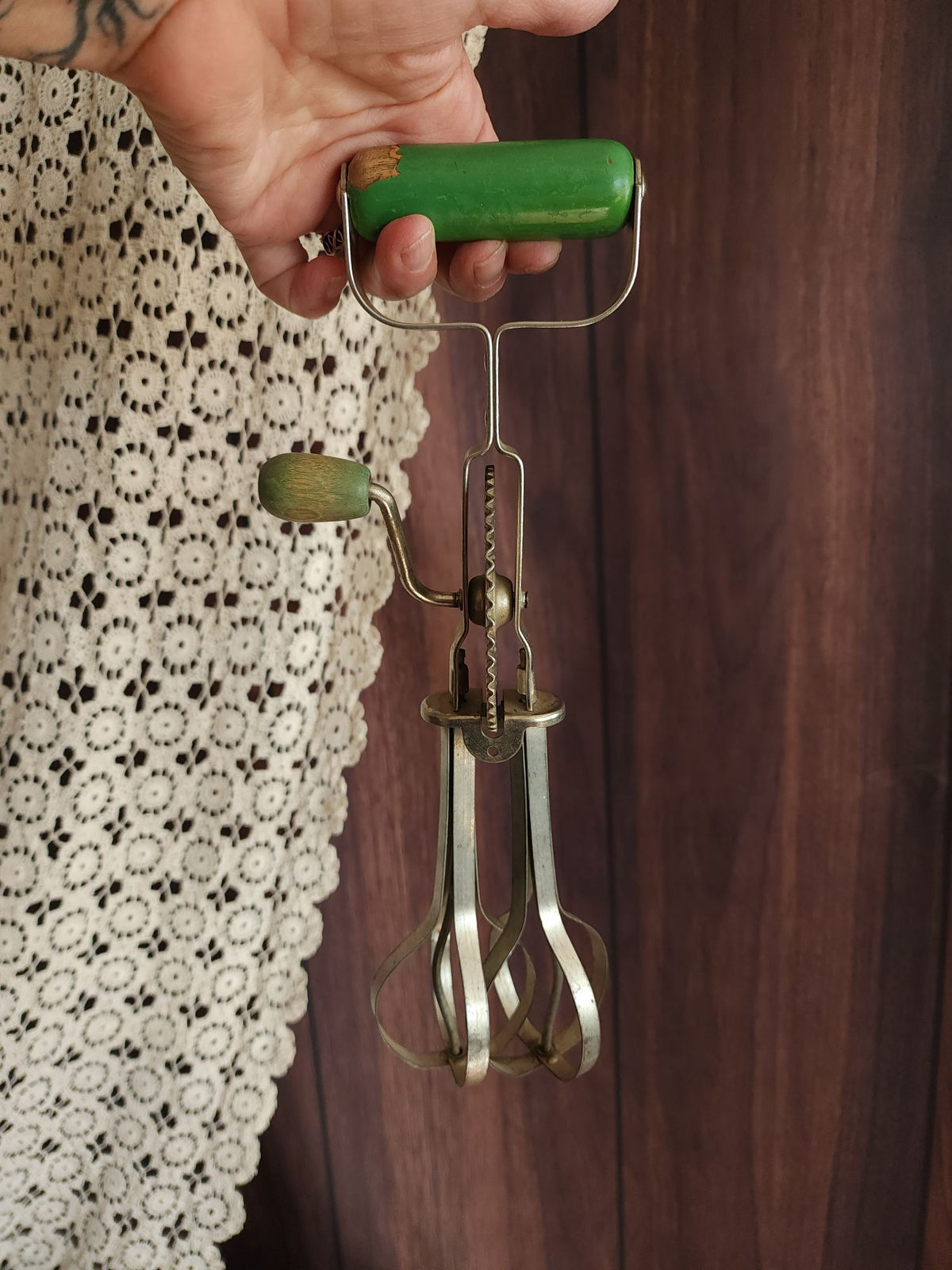Vintage 1920s A&J Manual High Speed Egg Beater with Green Wood Handle