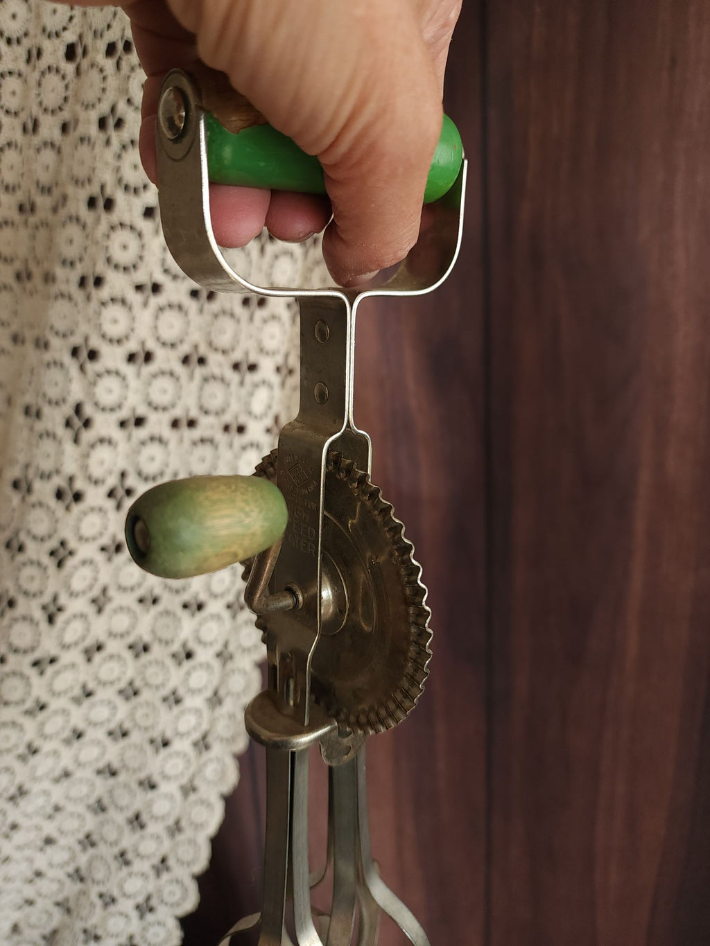 Vintage 1920s A&J Manual High Speed Egg Beater with Green Wood Handle