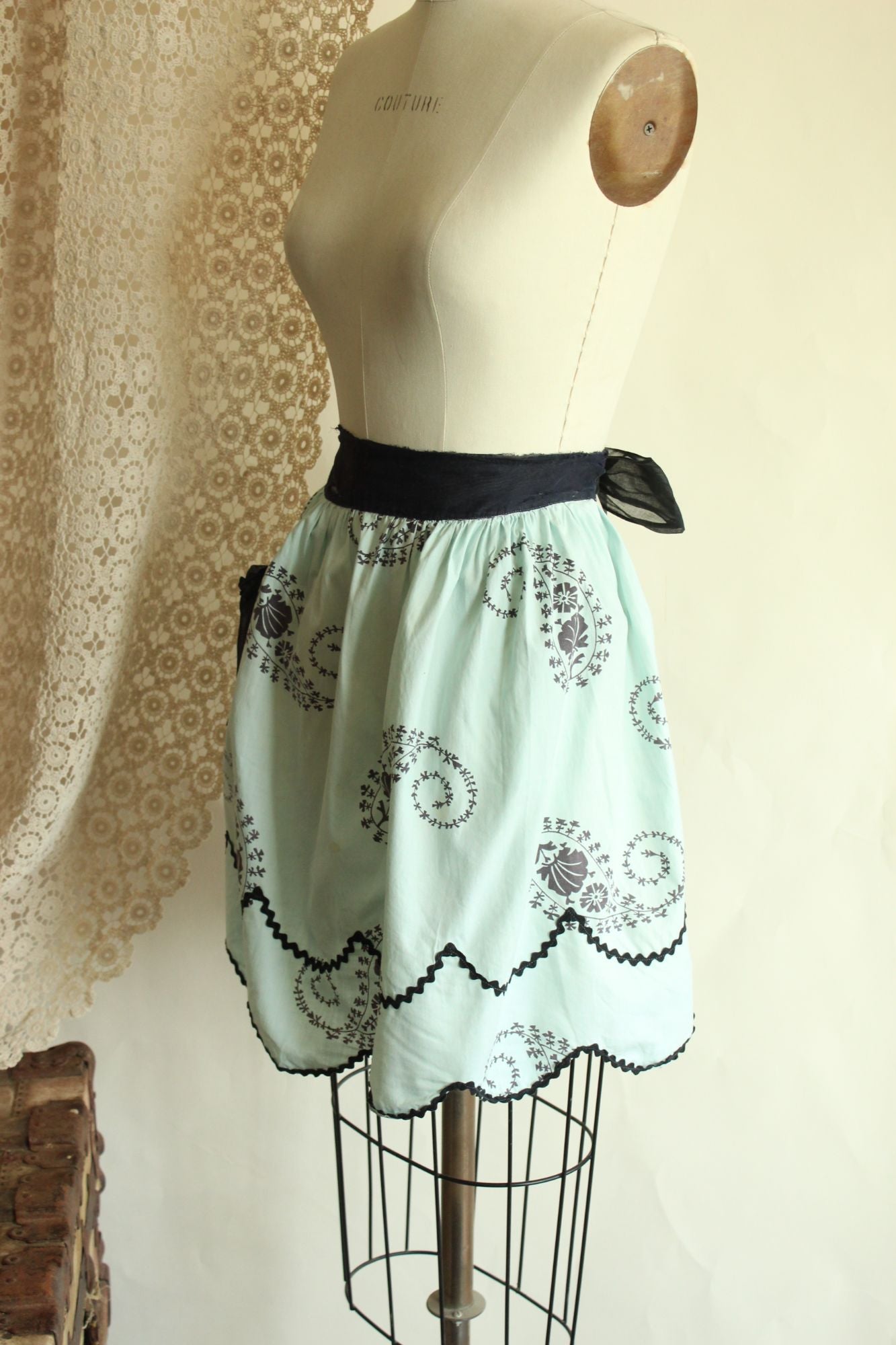 Vintage 1960s Apron, Mint Green and Black Cotton Half Apron with Ricrac Trim