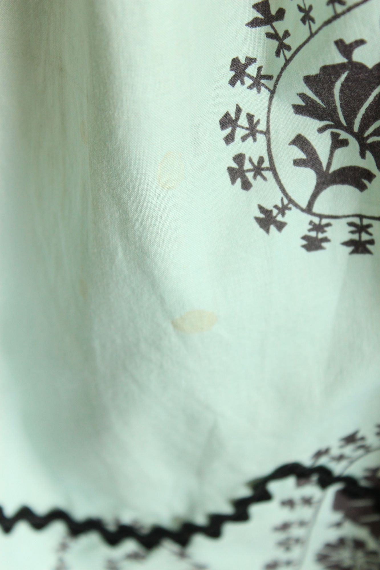 Vintage 1960s Apron, Mint Green and Black Cotton Half Apron with Ricrac Trim