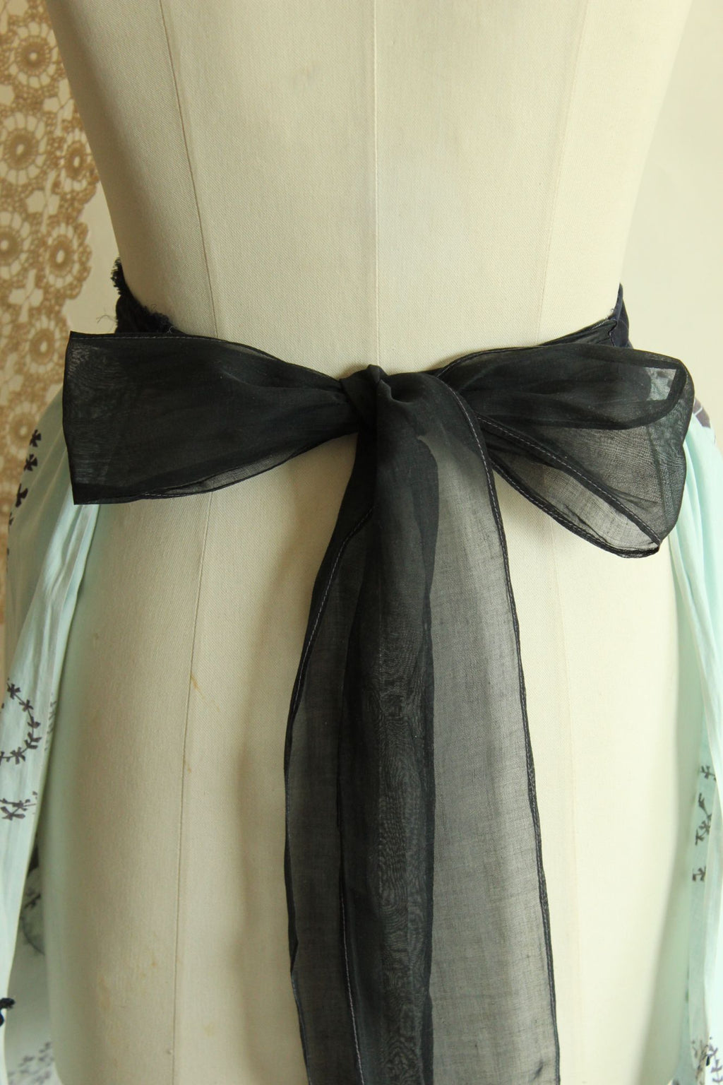 Vintage 1960s Apron, Mint Green and Black Cotton Half Apron with Ricrac Trim