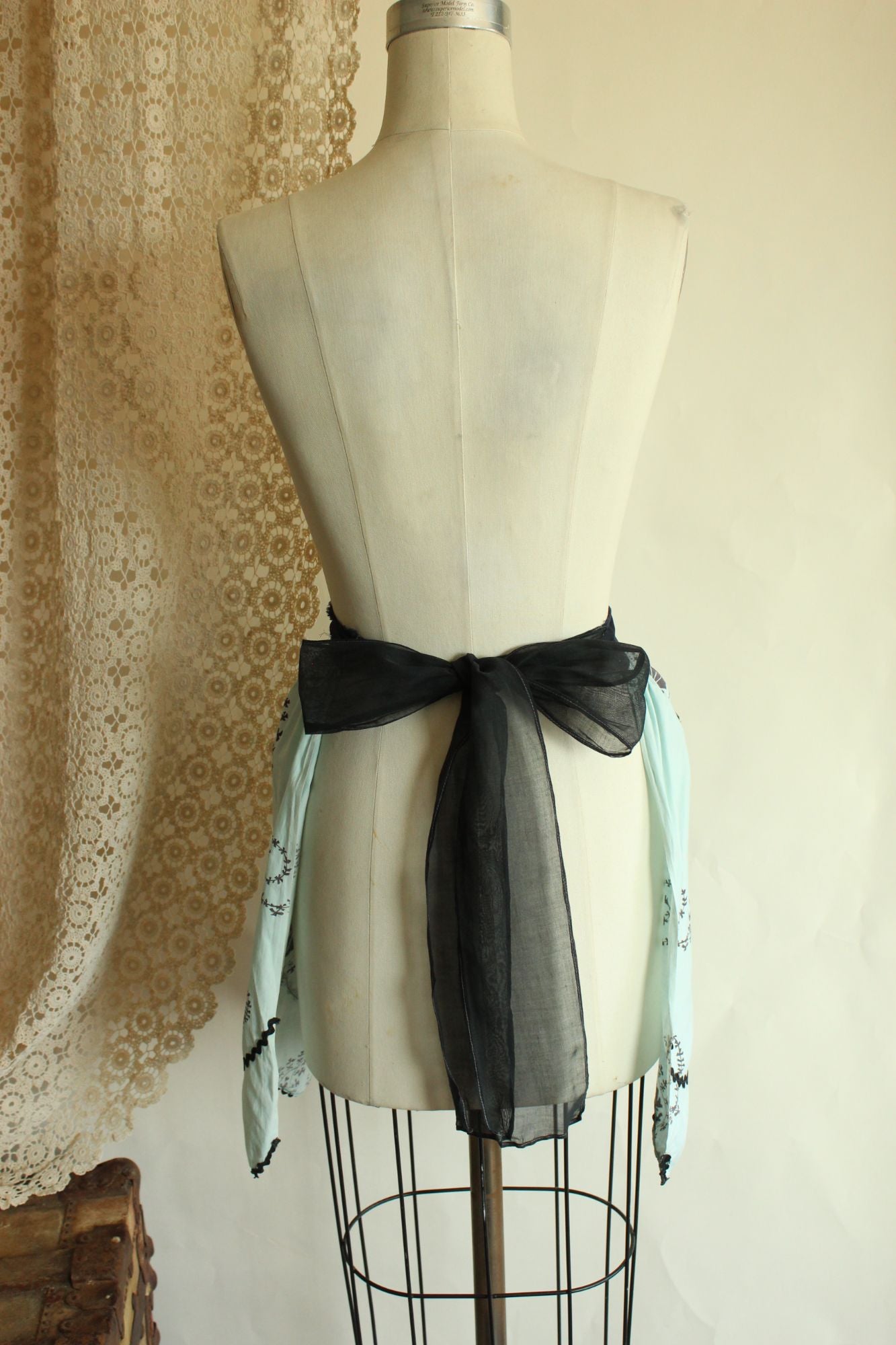 Vintage 1960s Apron, Mint Green and Black Cotton Half Apron with Ricrac Trim