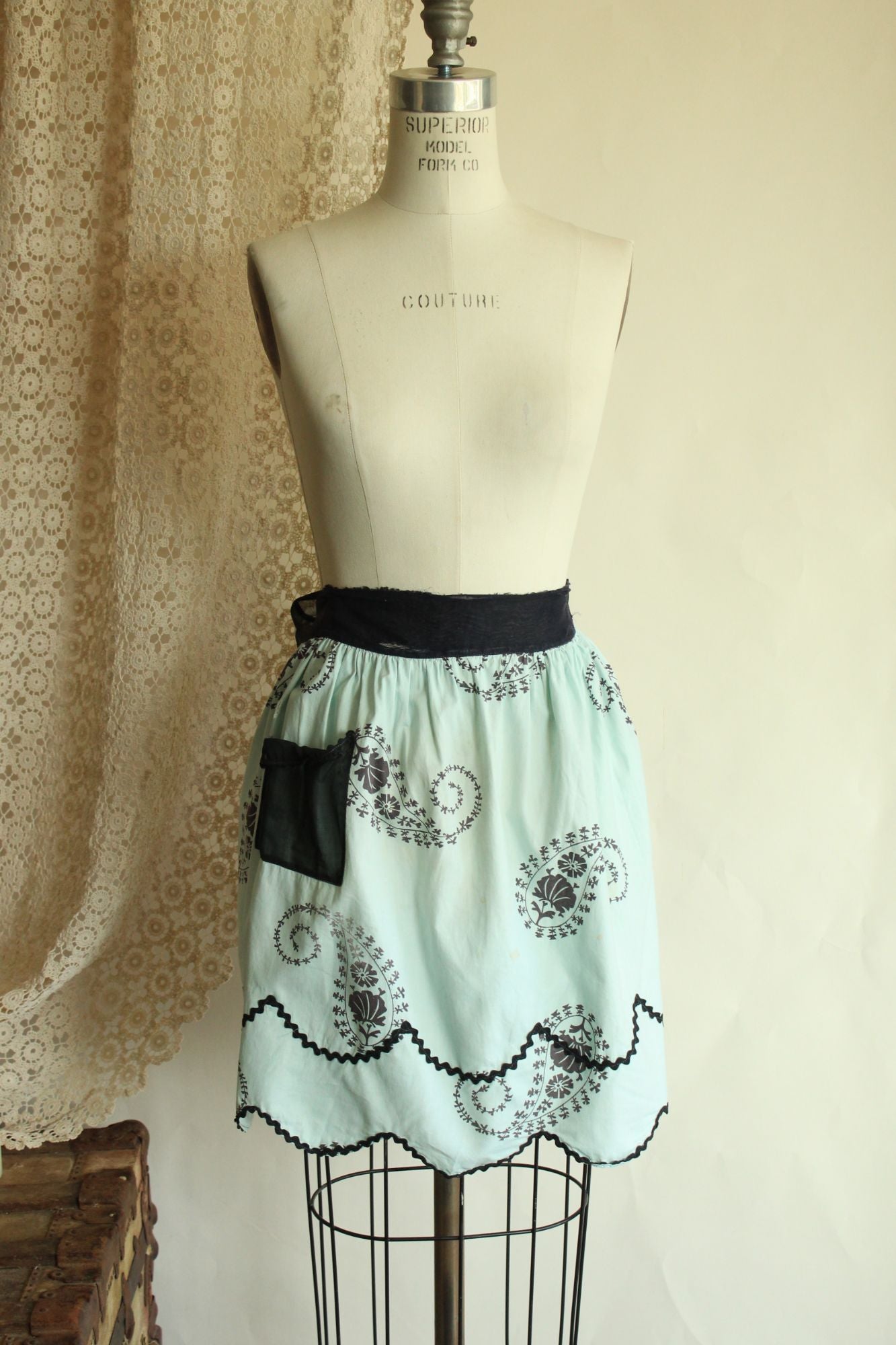Vintage 1960s Apron, Mint Green and Black Cotton Half Apron with Ricrac Trim