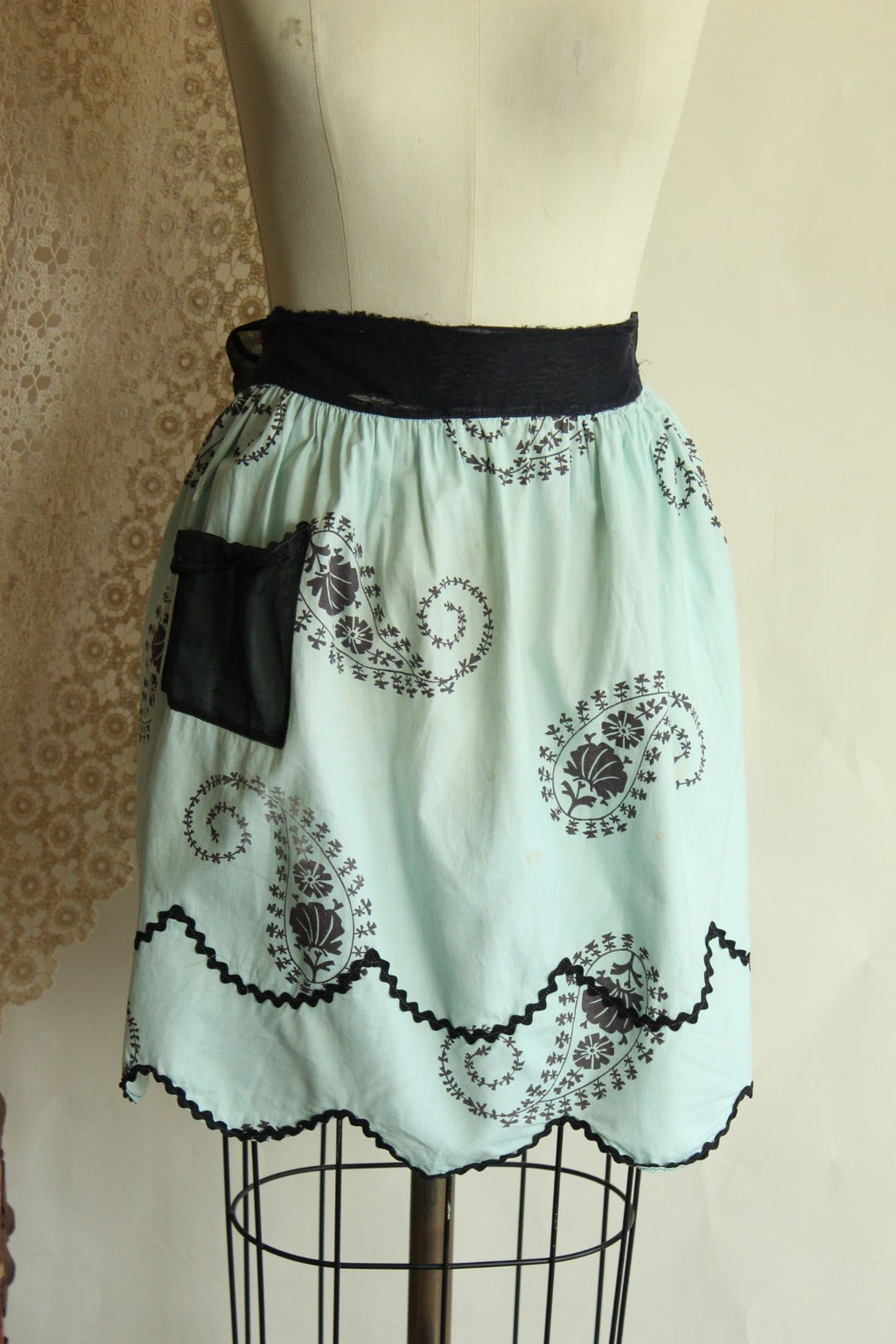 Vintage 1960s Apron, Mint Green and Black Cotton Half Apron with Ricrac Trim
