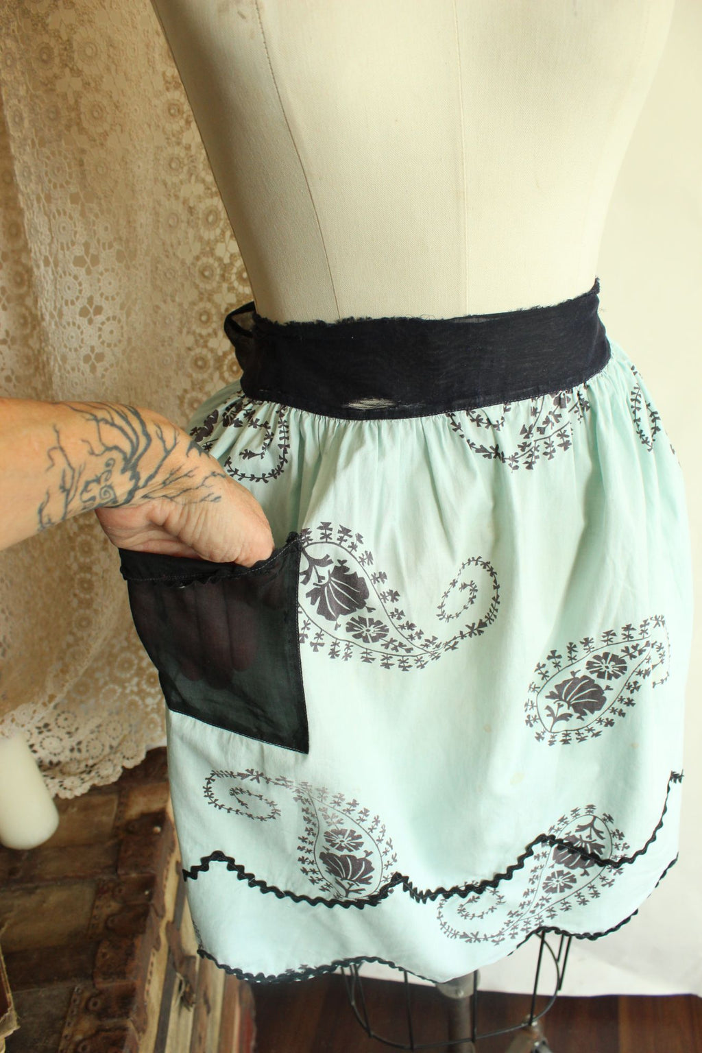 Vintage 1960s Apron, Mint Green and Black Cotton Half Apron with Ricrac Trim