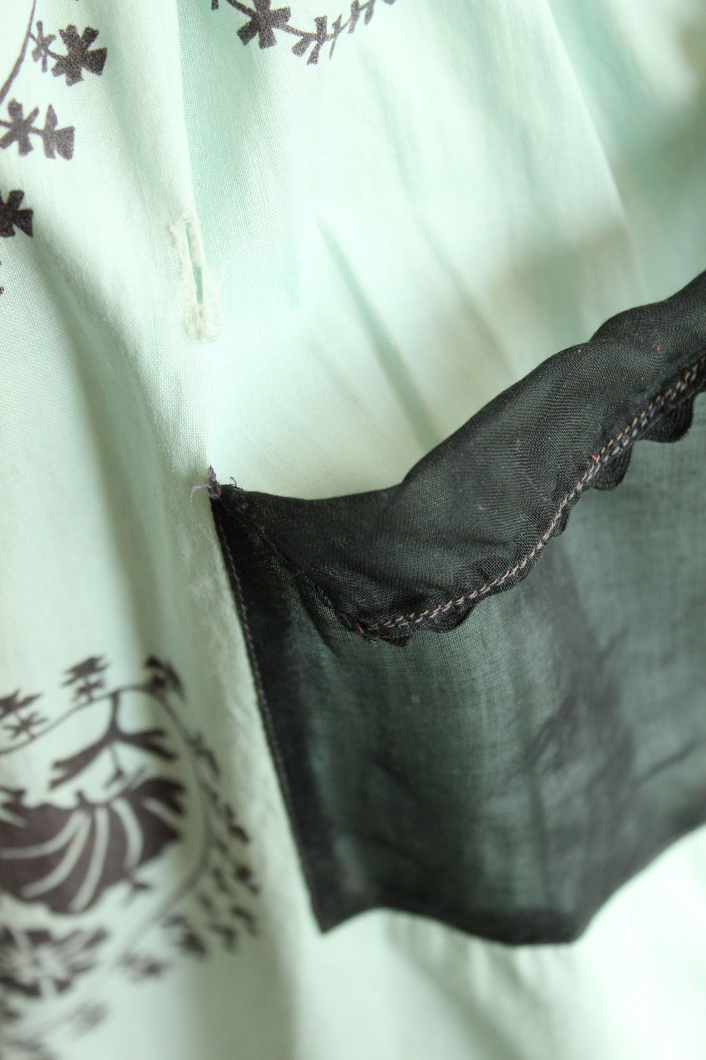 Vintage 1960s Apron, Mint Green and Black Cotton Half Apron with Ricrac Trim