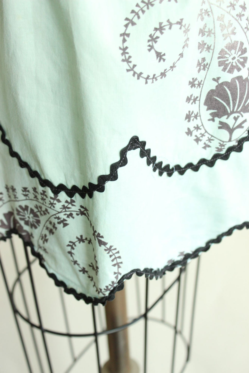 Vintage 1960s Apron, Mint Green and Black Cotton Half Apron with Ricrac Trim