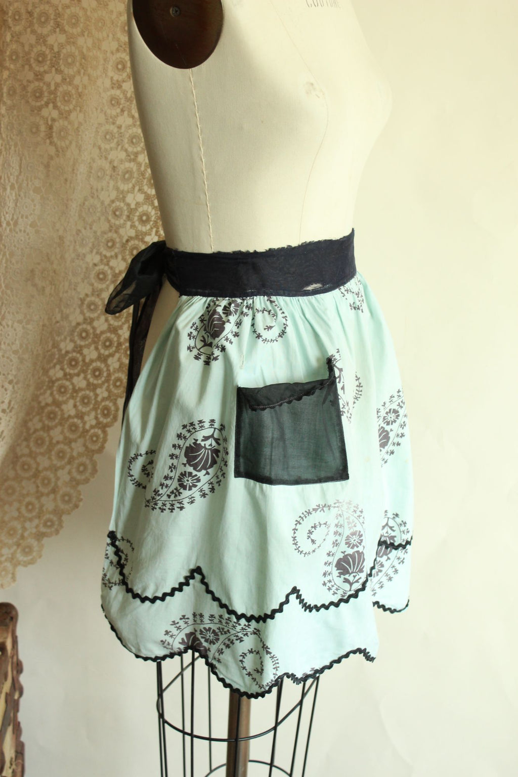 Vintage 1960s Apron, Mint Green and Black Cotton Half Apron with Ricrac Trim