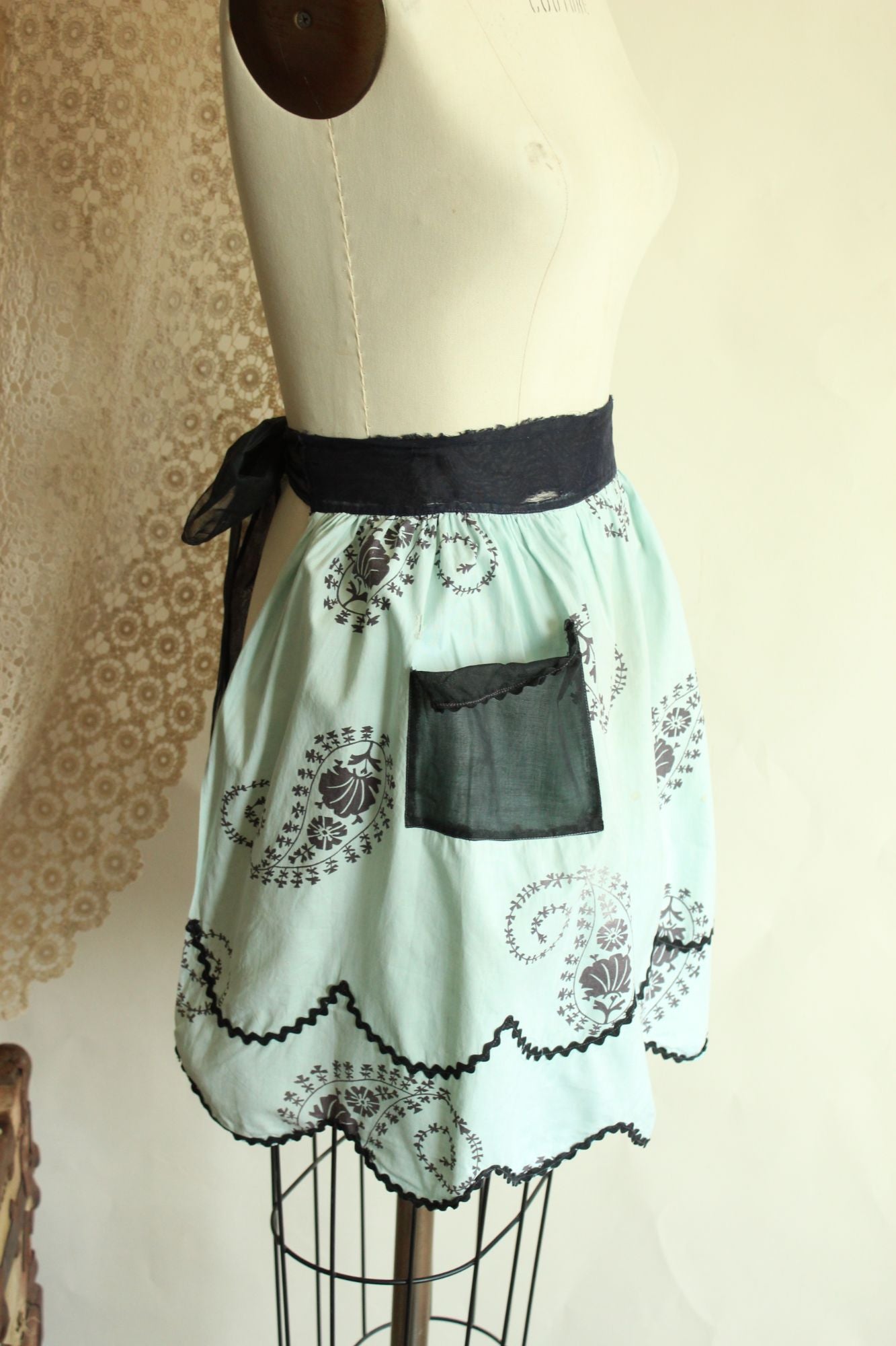 Vintage 1960s Apron, Mint Green and Black Cotton Half Apron with Ricrac Trim
