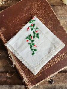 Vintage 1950s Christmas Handkerchief- NWT Embroidered Holly
