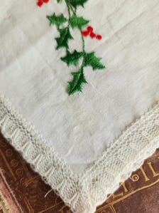 Vintage 1950s Christmas Handkerchief- NWT Embroidered Holly