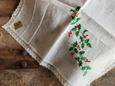Vintage 1950s Christmas Handkerchief- NWT Embroidered Holly