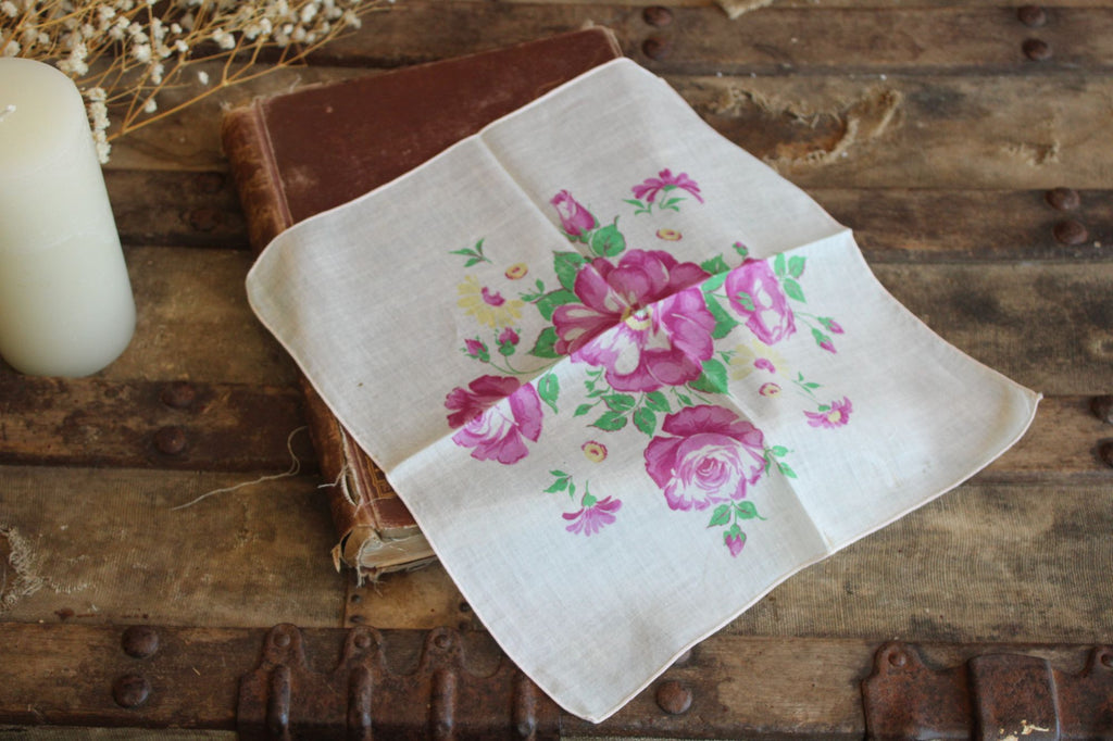Vintage 1950s Pink Purple Roses Handkerchief